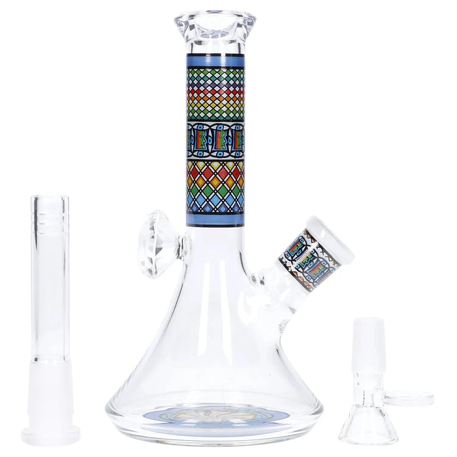 Front view of the Diamond Beaker w/ Colorful Tube - 7 in. showing the decorated straight neck with colorful geometric bands and clear beaker base.