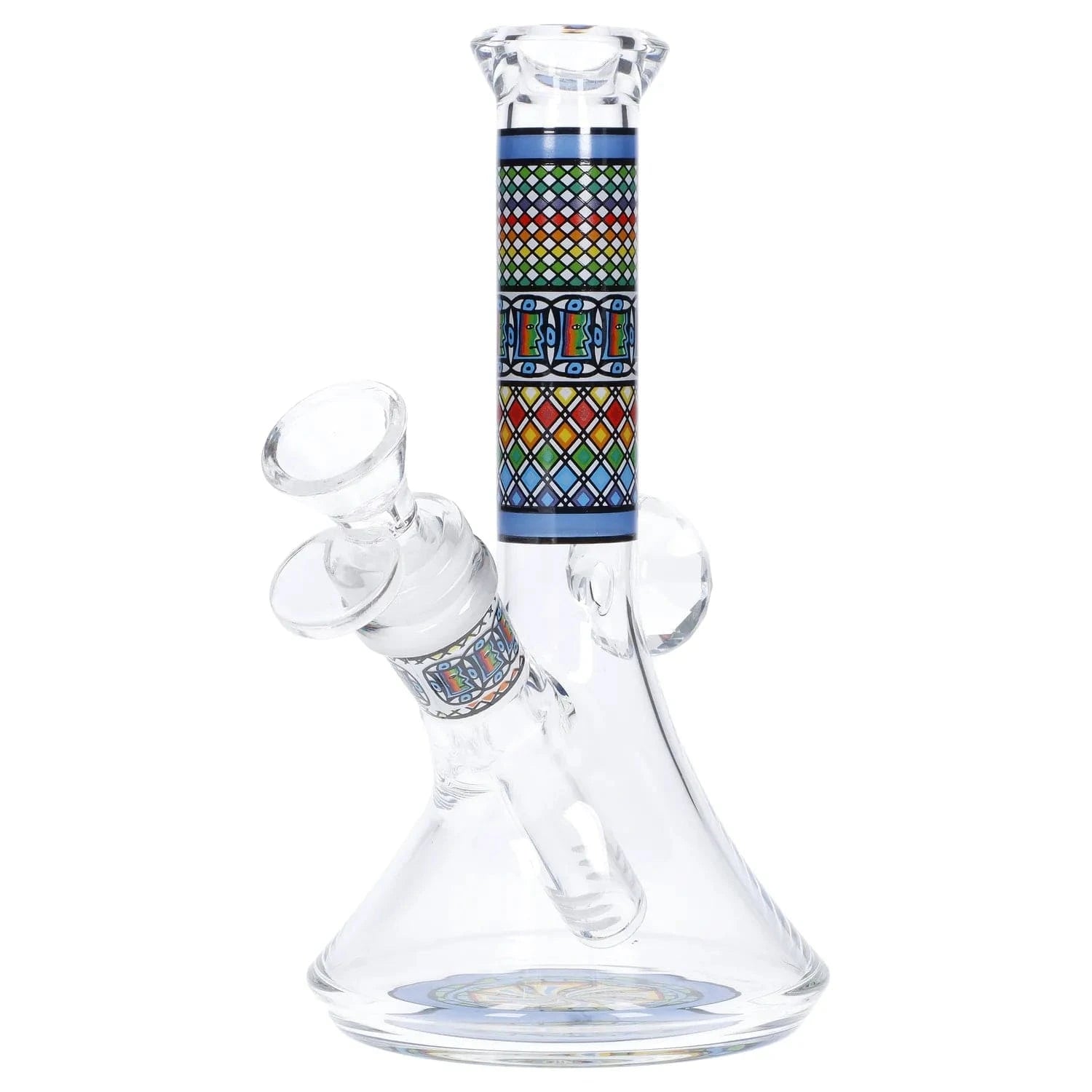 Front view of the Diamond Beaker w/ Colorful Tube - 7 in. showing a clear glass beaker with a straight colorful patterned tube and matching accent band.