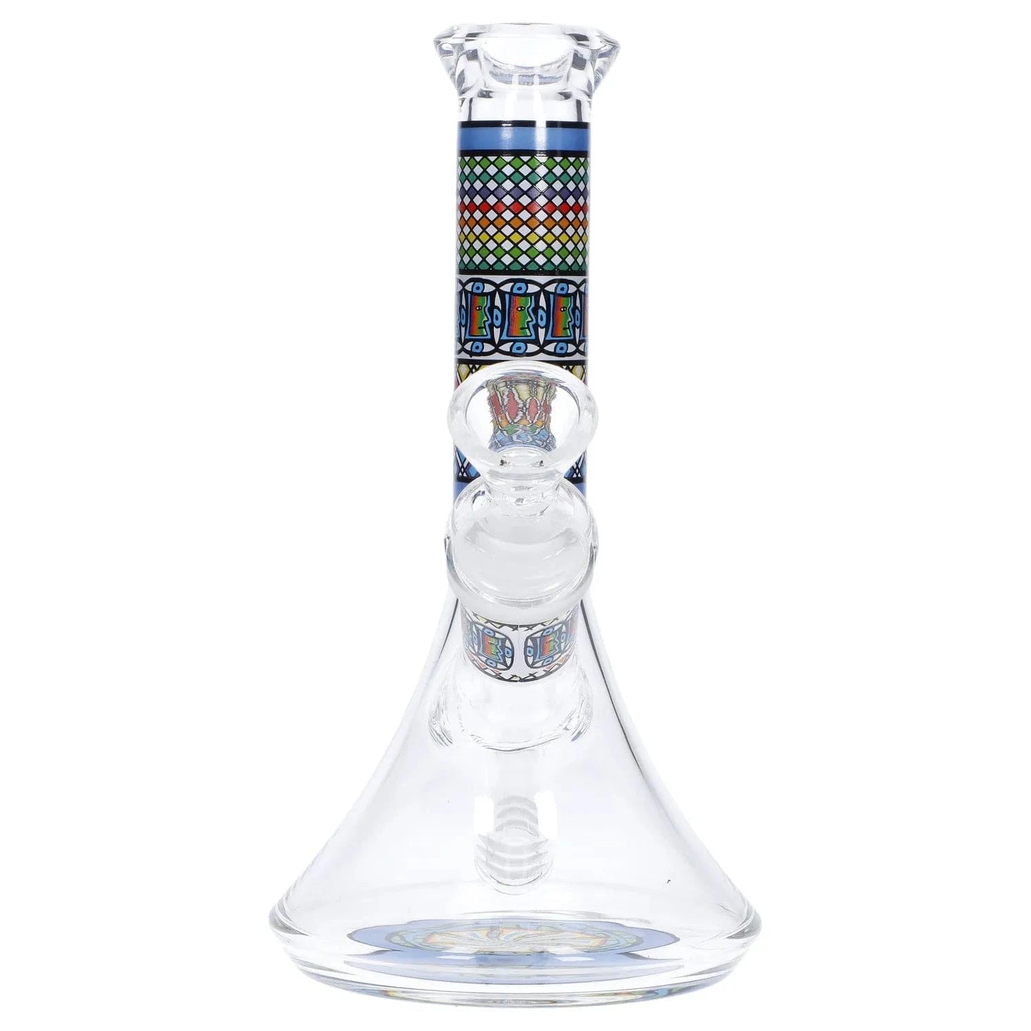 Centered front view of the Diamond Beaker w/ Colorful Tube - 7 in., showing the clear glass beaker base and vertically patterned colorful tube against a white background.