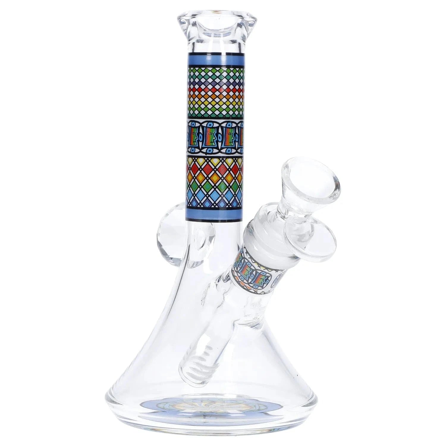 Close-up front view of the Diamond Beaker w/ Colorful Tube - 7 in. showing the clear glass beaker base and angled colorful patterned tube section.