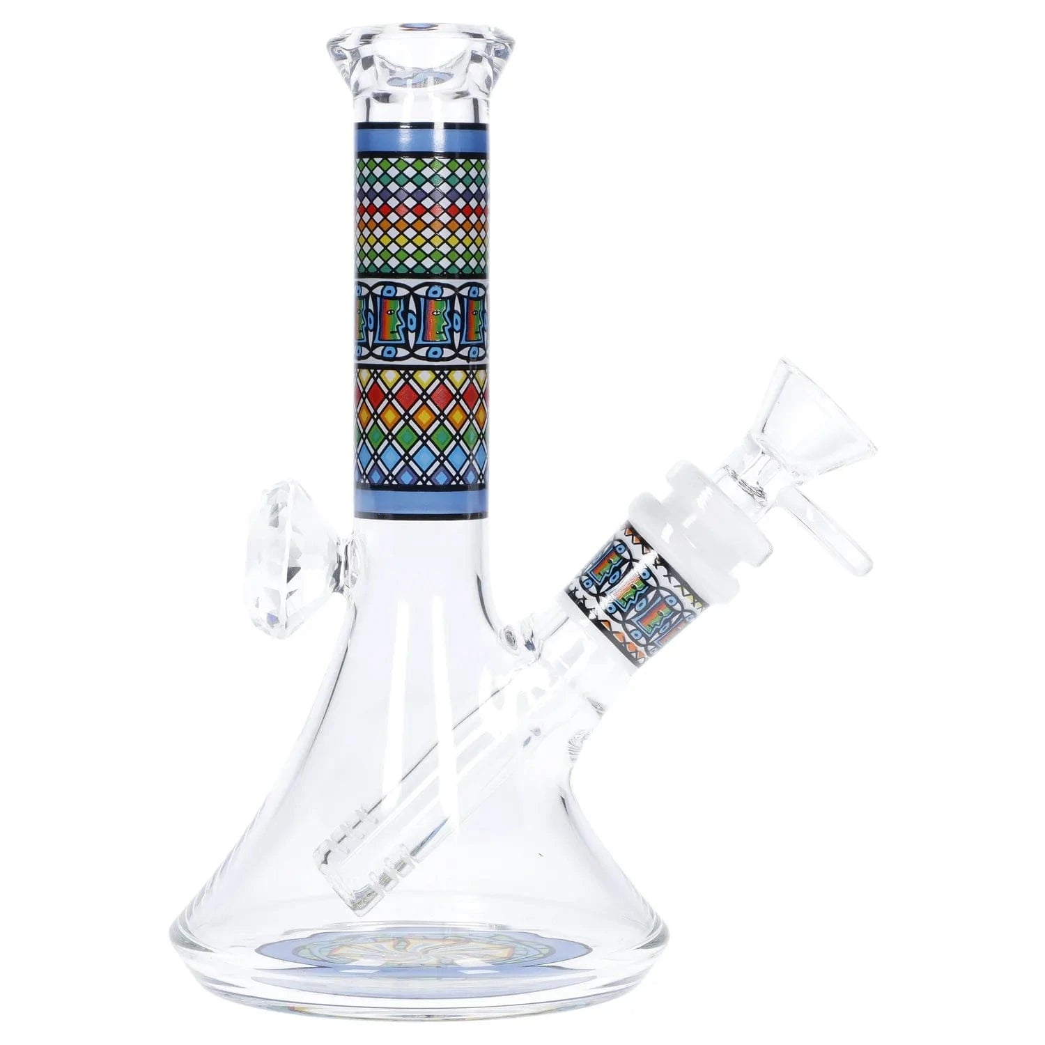 Angled close-up of the Diamond Beaker w/ Colorful Tube - 7 in. showing its clear glass beaker base and vibrant patterned neck and joint.