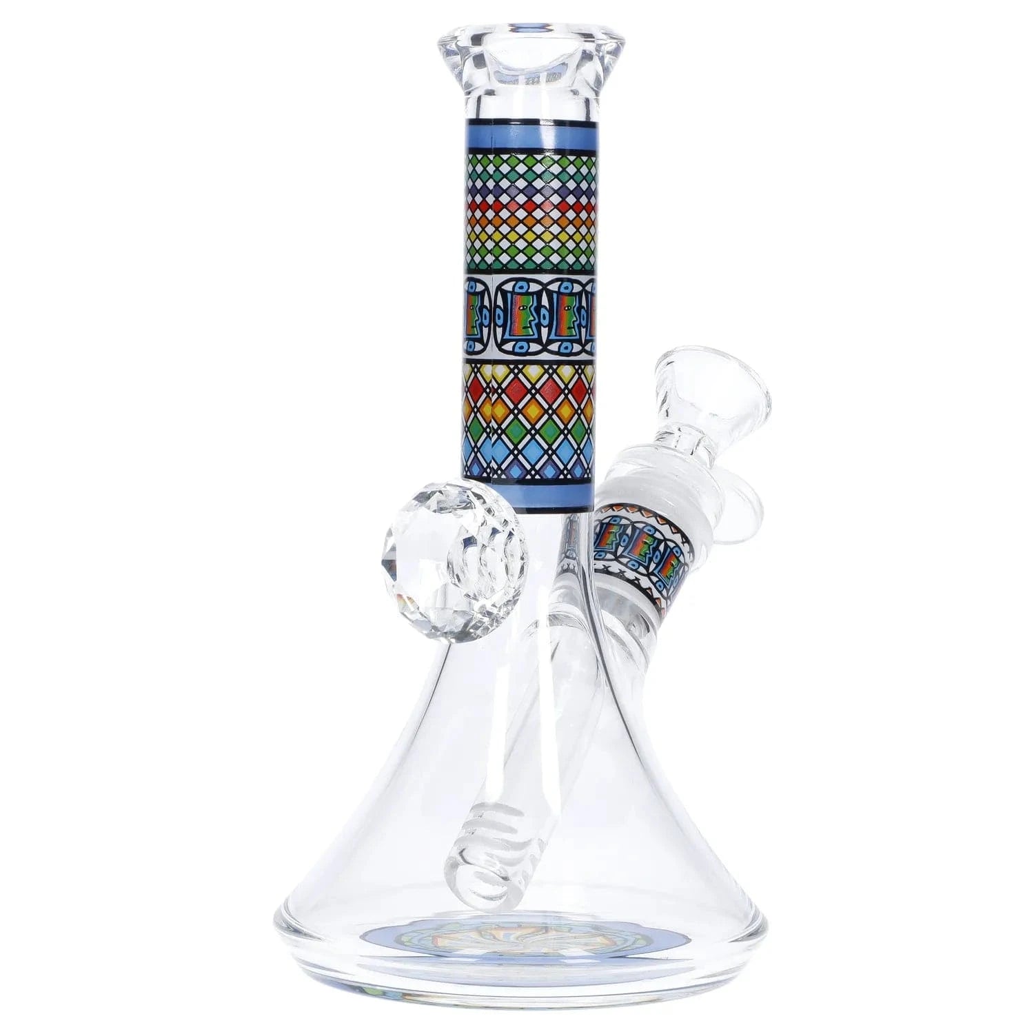 Close-up front view of the Diamond Beaker w/ Colorful Tube - 7 in. showing its clear glass beaker base and a vertical colorful patterned tube near the neck.