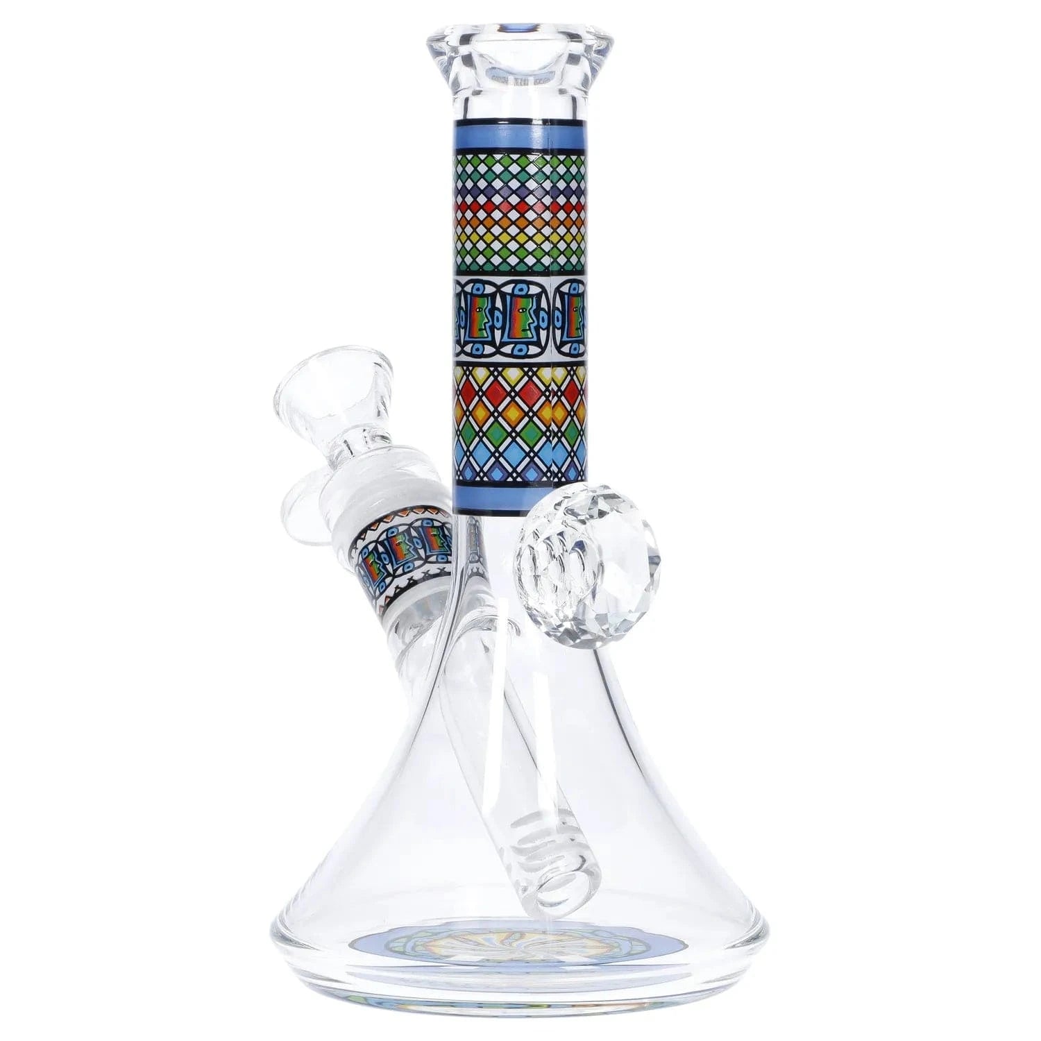 Close-up front view of the Diamond Beaker w/ Colorful Tube - 7 in. showing its clear glass beaker body and multicolored patterned neck.