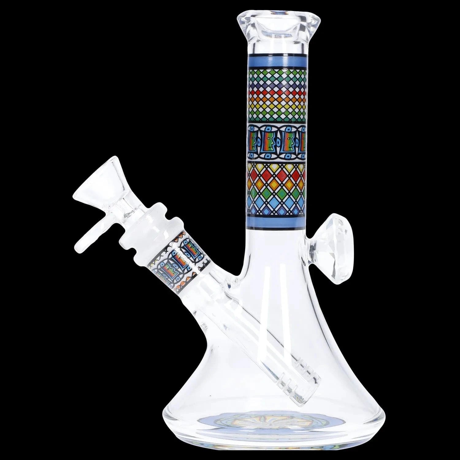 Angled close-up of the Diamond Beaker w/ Colorful Tube - 7 in. showing its clear glass body and multicolored patterned neck against a black background