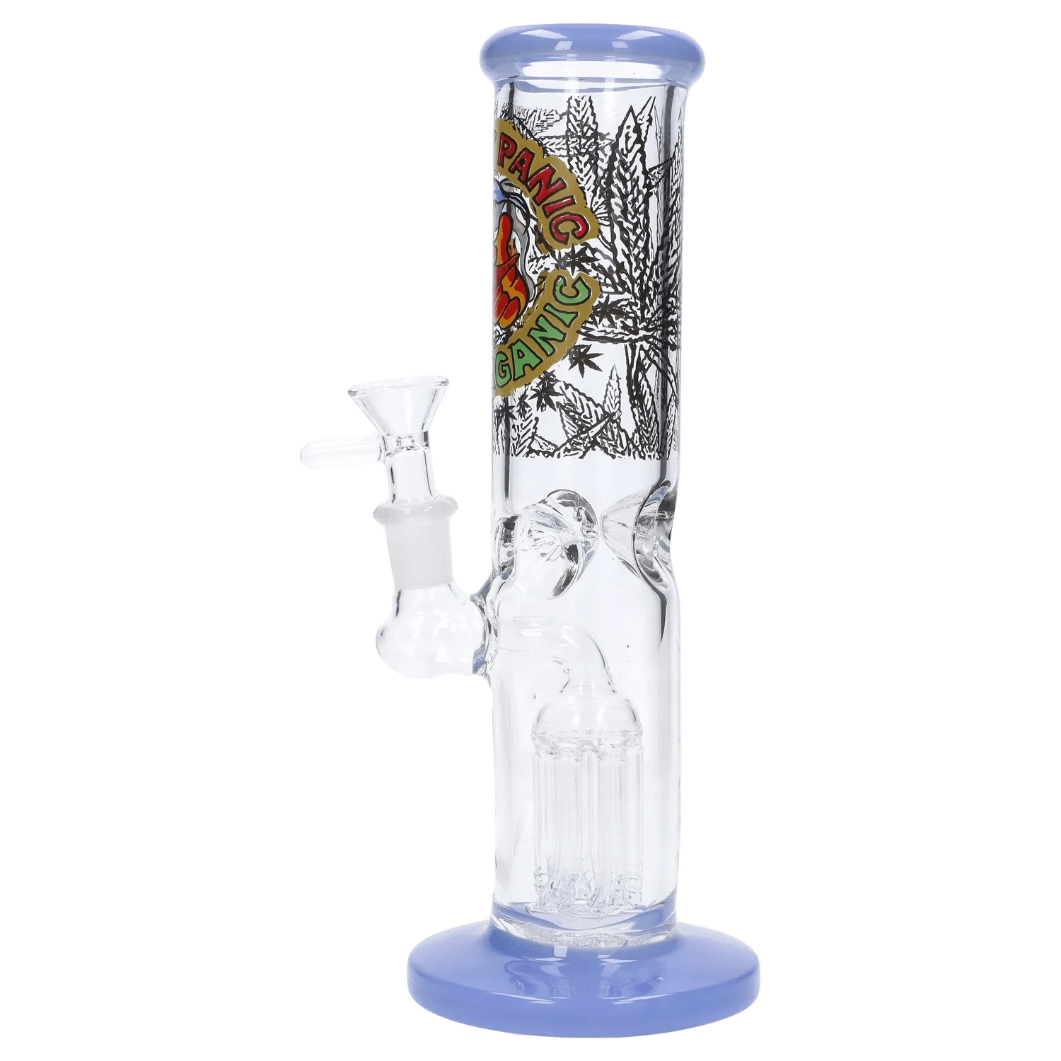 Front-facing close-up of the Do Not Panic Straight Tube with Tree Perc - 10 in showing clear glass body, blue rim and base, printed leaf graphics, and side bowl.