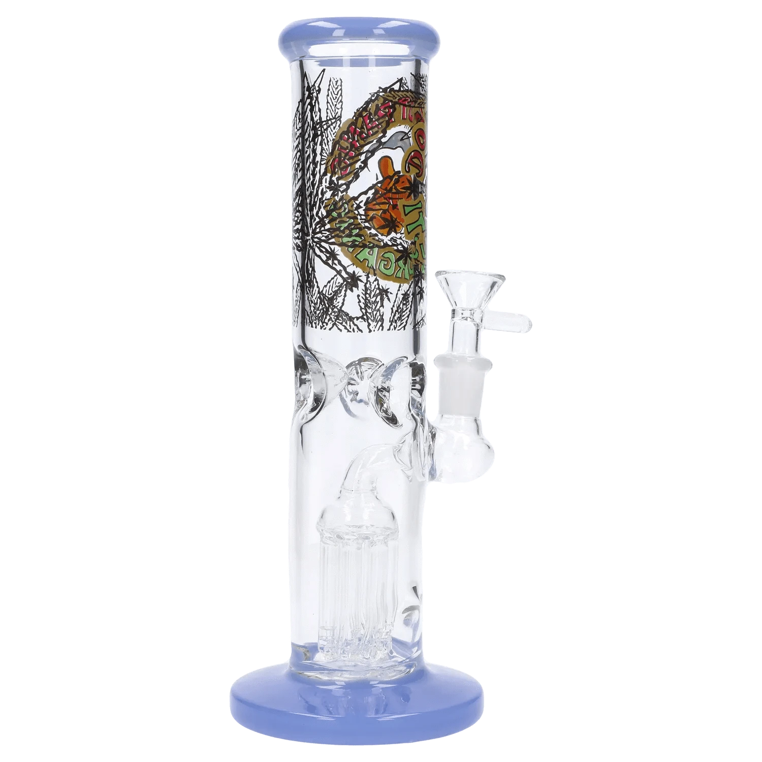 Center-front view of the Do Not Panic Straight Tube with Tree Perc - 10 in, showing its clear glass tube, blue-rimmed mouthpiece and base, printed artwork and visible tree percolator.