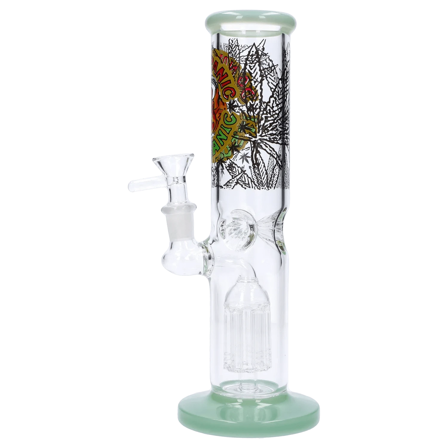 Side view of the Do Not Panic Straight Tube with Tree Perc - 10 in showing its clear glass tube, green rim and base, and printed black leaf motif.