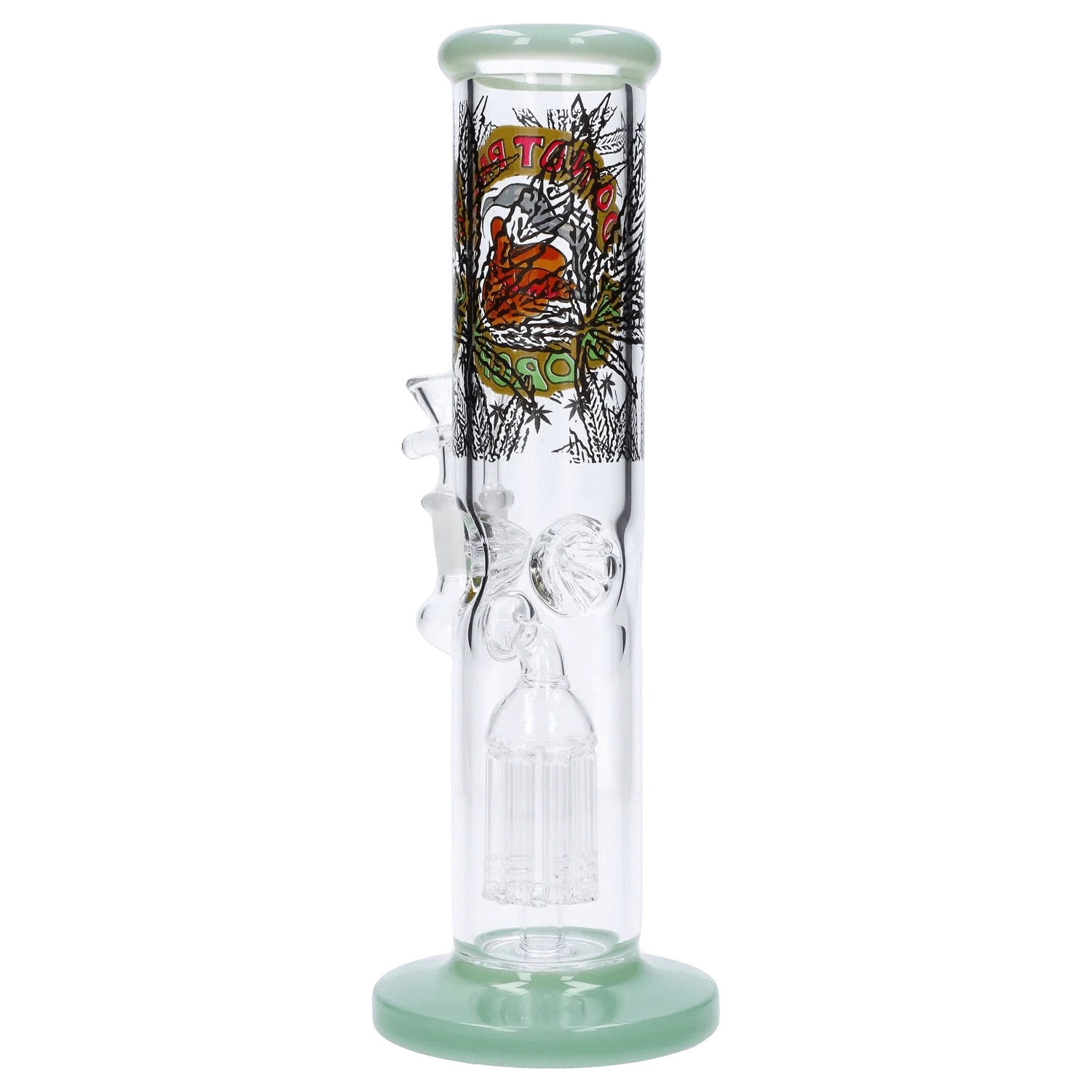 Straight-on view of the Do Not Panic Straight Tube with Tree Perc - 10 in, clear glass tube with green rim and base and printed graphic near the top.