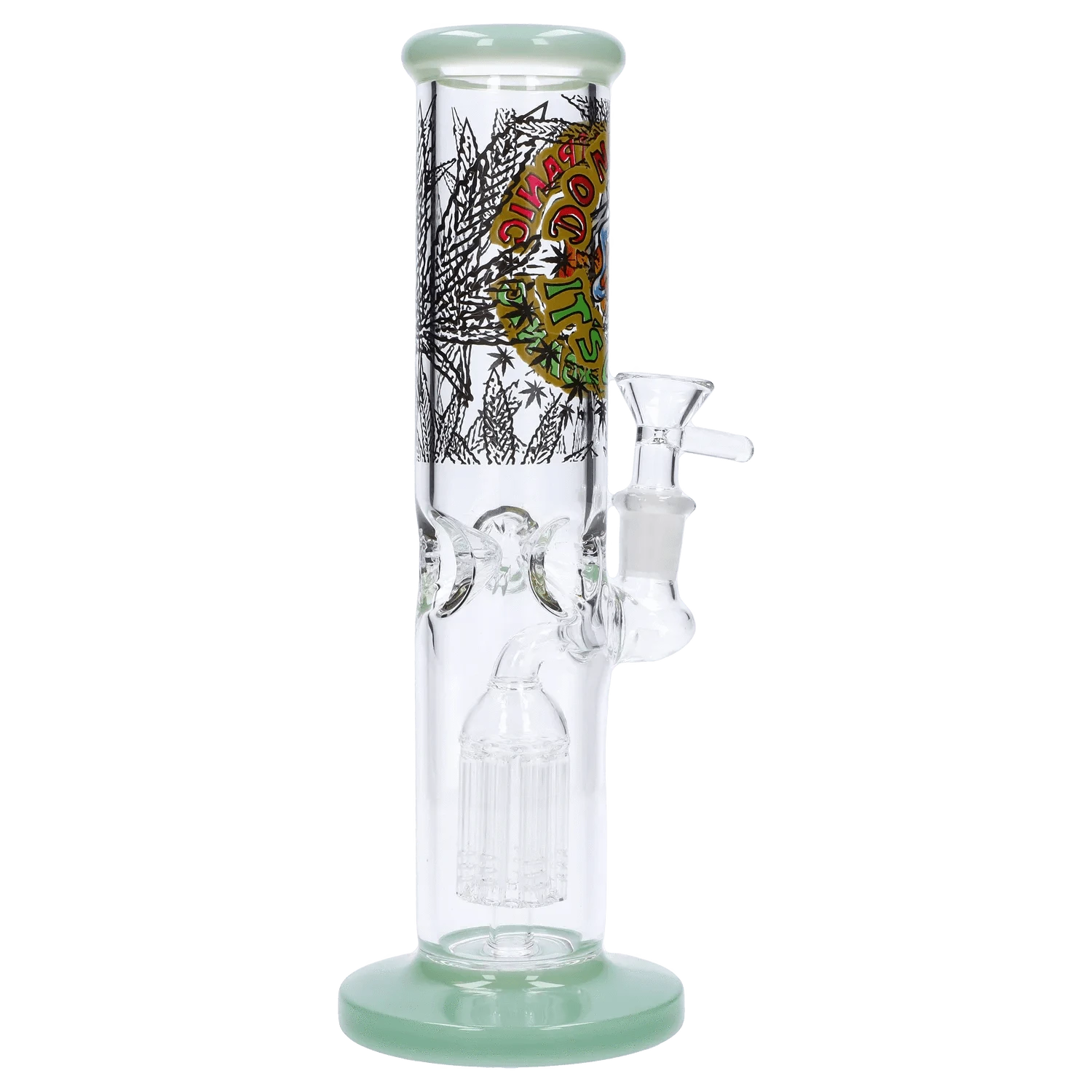 Straight-on studio shot of the Do Not Panic Straight Tube with Tree Perc - 10 in, showing clear glass tubing, a green-rimmed mouthpiece and base, printed black foliage artwork and the attached side bowl.