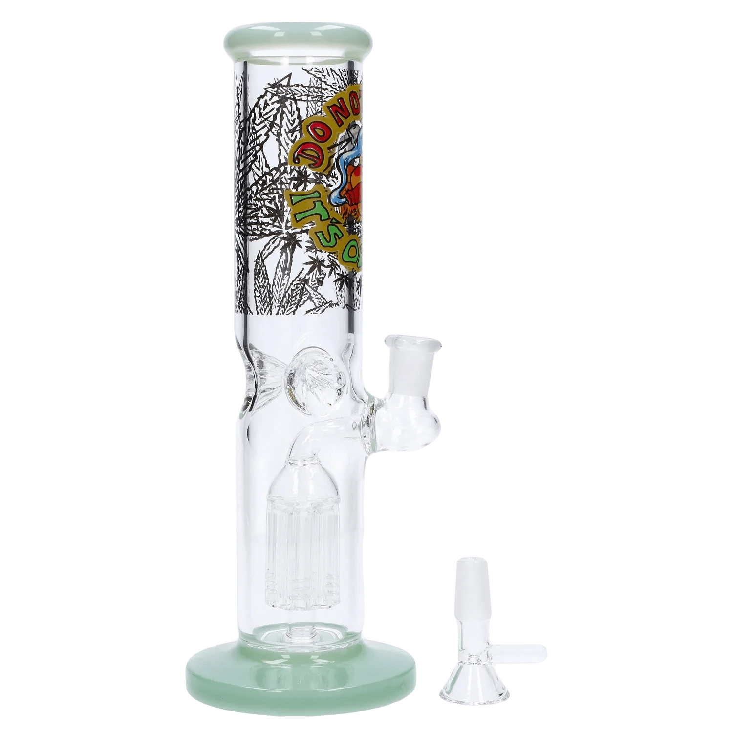 Right-side view of the Do Not Panic Straight Tube with Tree Perc - 10 in, showing its clear glass tube, green base and printed graphic near the top.