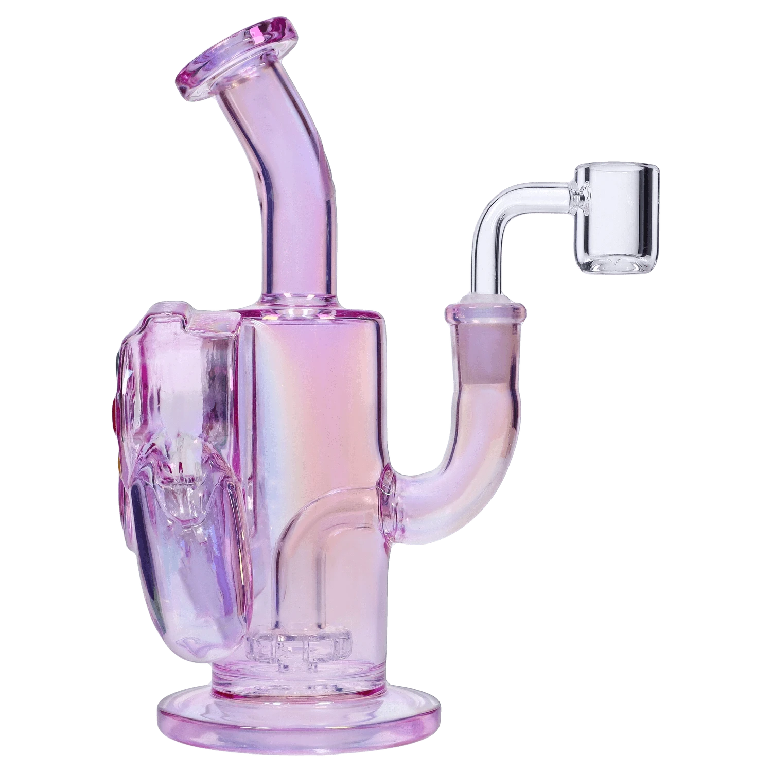 Close-up front view of a pink iridescent Gaming Controller Bong showing its bent neck, rounded base, and side arm with a clear quartz banger.
