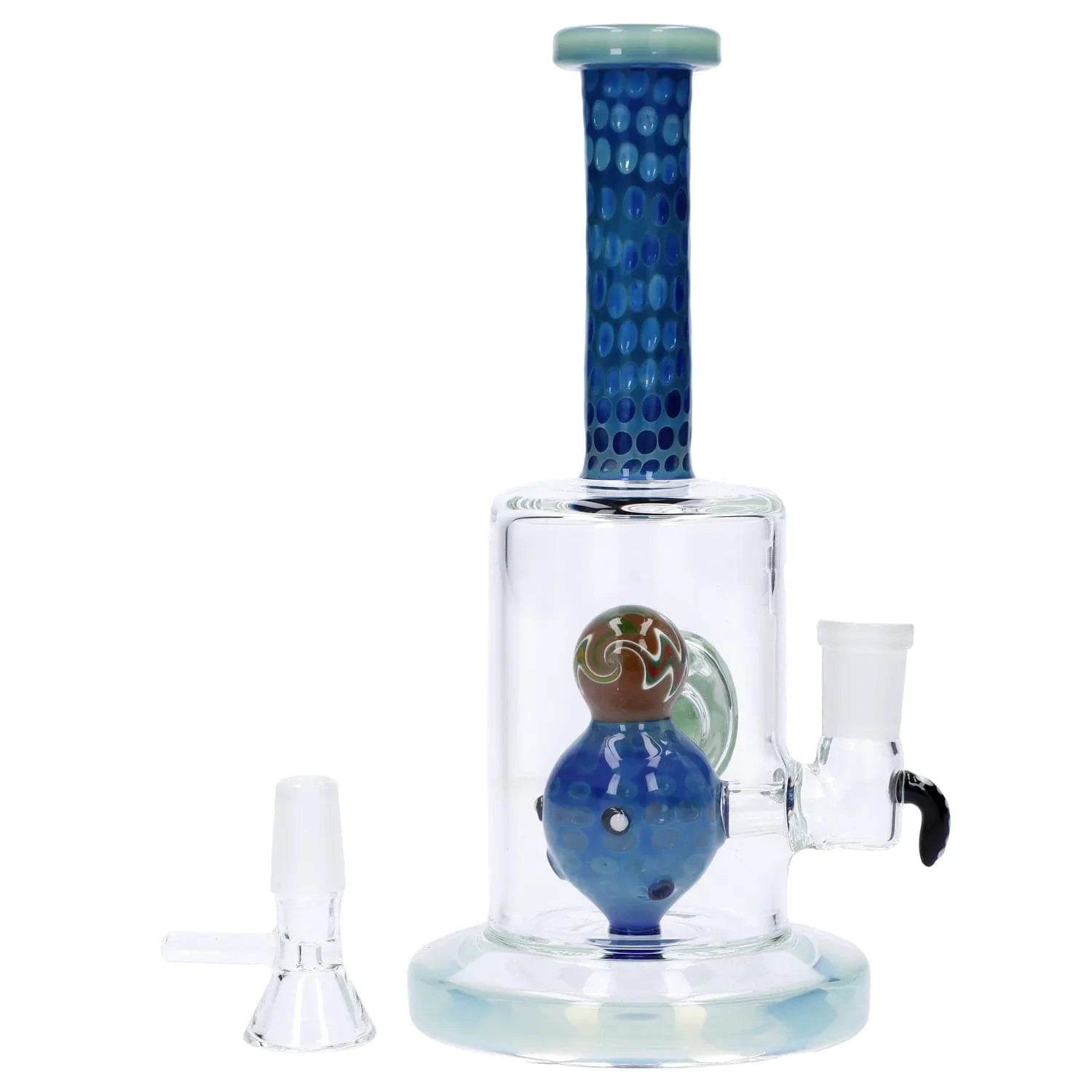 Front-facing view of the Reversal Art Locket Bong with UFO Showerhead Perc - 8 in, showing its tall blue patterned mouthpiece, clear cylindrical chamber, and colorful internal UFO perc.