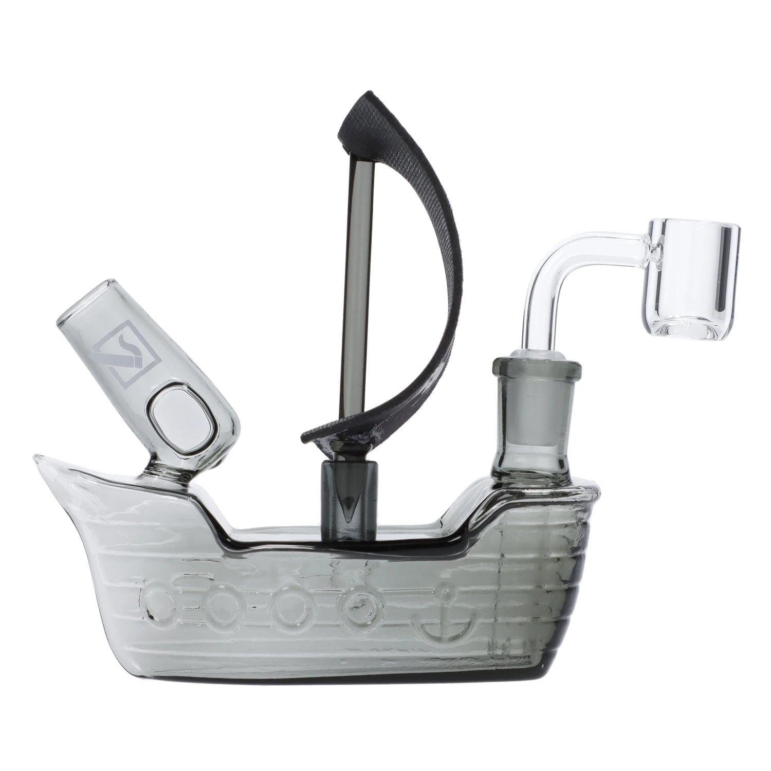 A detailed side view of the DHC Originals High Seas Pirate Ship Bong, showcasing its intricately sculpted ship design in clear glass.