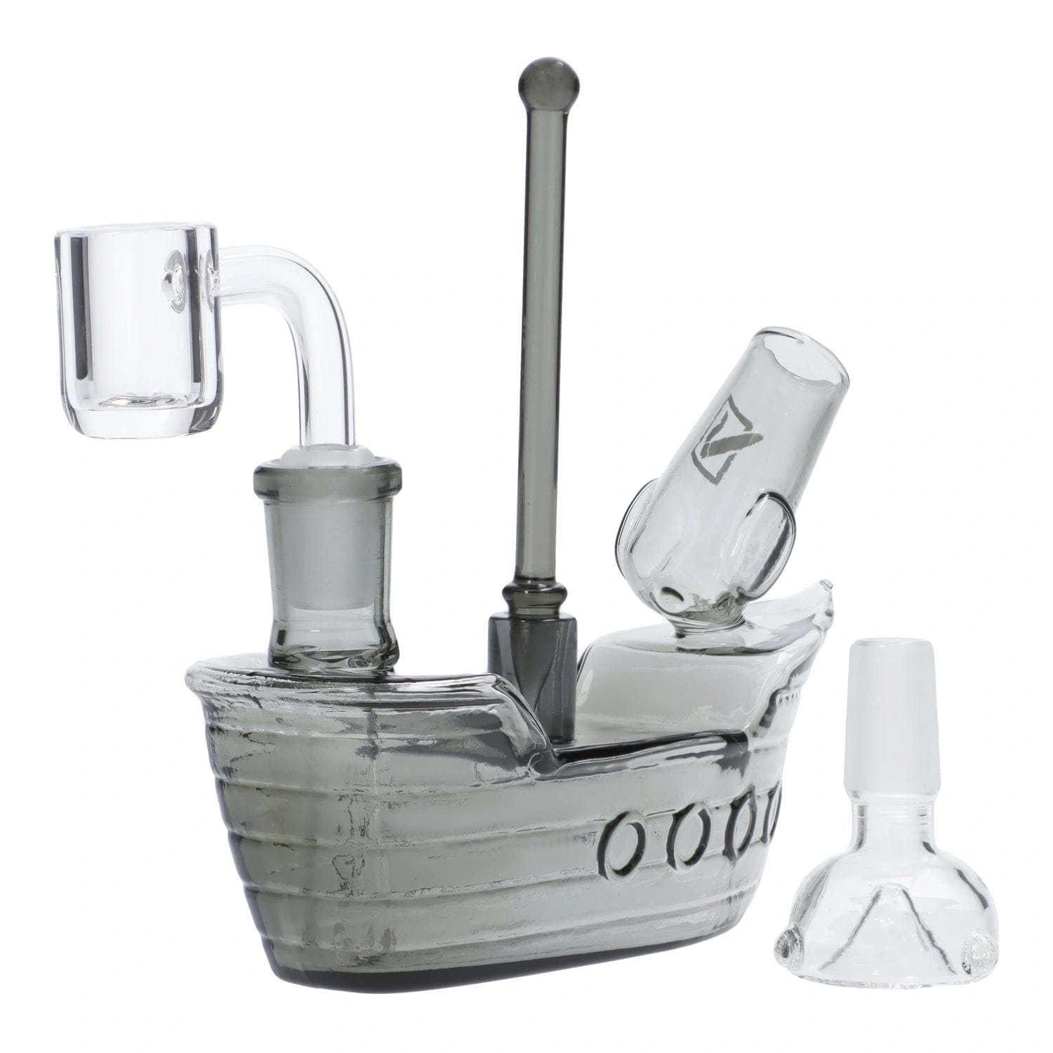 A detailed side view of the DHC Originals High Seas Pirate Ship Bong, featuring a clear glass ship design with visible joints.