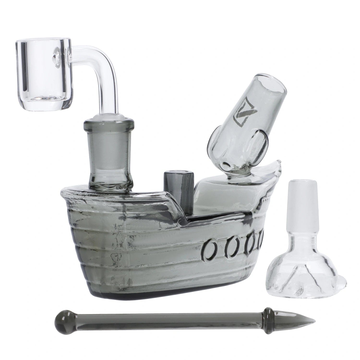 A three-quarter view of the DHC Originals High Seas Pirate Ship Bong, showcasing its detailed ship design in clear glass.