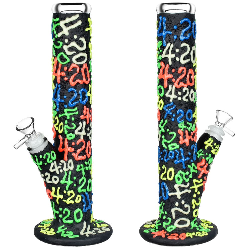 Front view of the “It’s 420 Everywhere Glow in the Dark Straight Tube Water Pipe”, showcasing a dark glass tube with colorful, glowing designs.