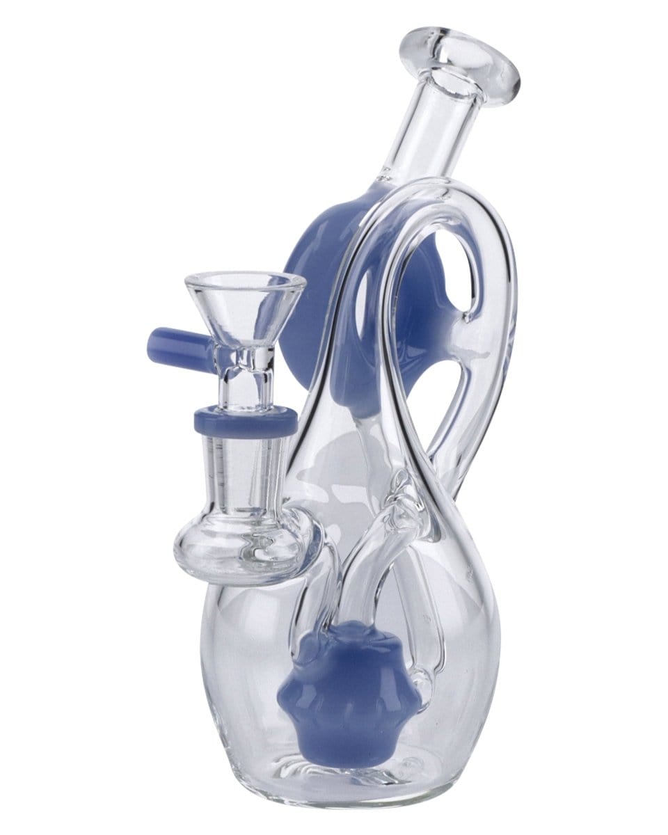 A close-up, angled view of the 7" Milky Purple Mini Recycler Water Pipe, showcasing its clear glass construction and purple accents.