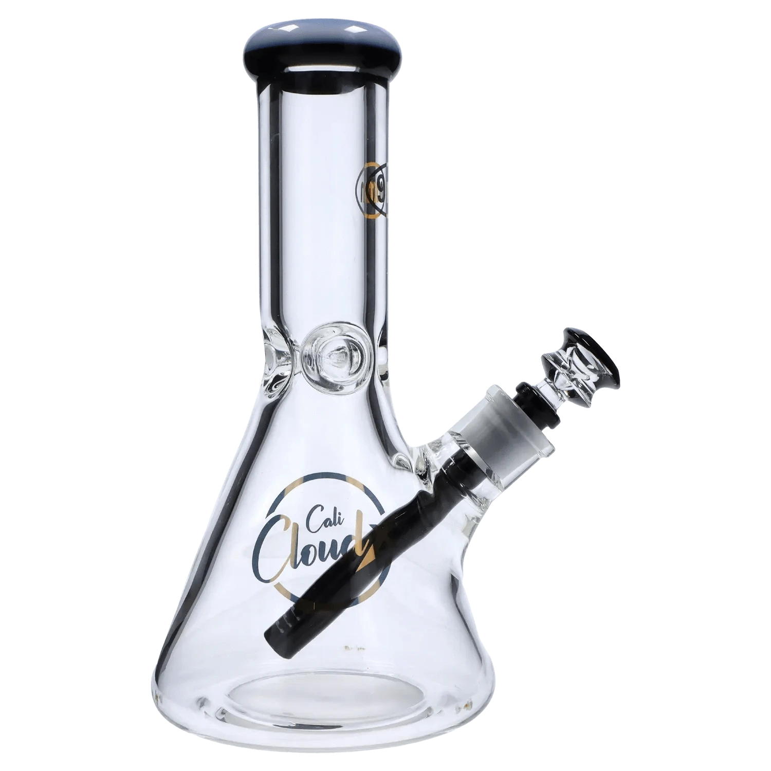 Angled close-up of the clear 7mm 12-inch Colored Mouthpiece Beaker showing its black-rimmed mouthpiece and slanted downstem.