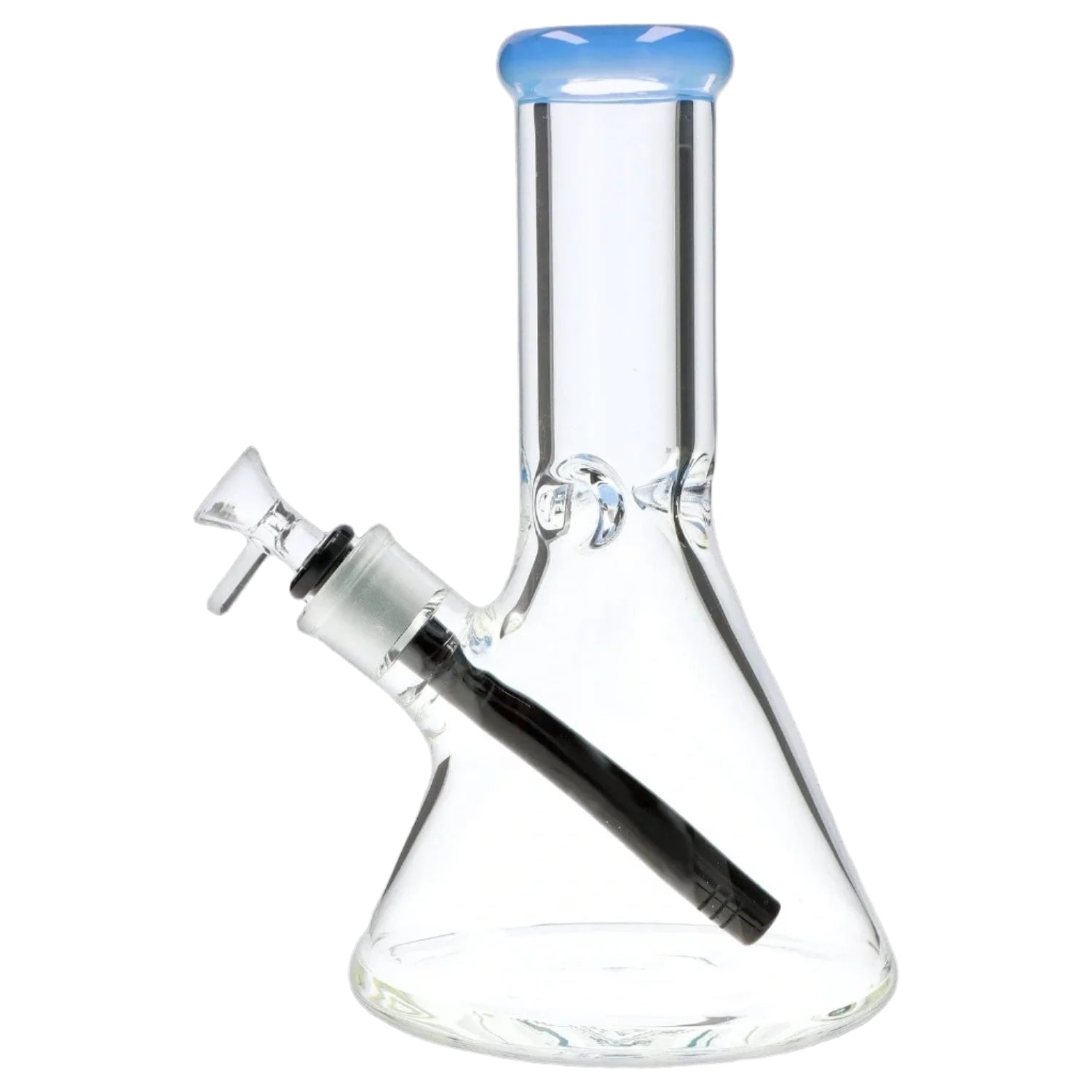 Close-up side view of the clear 9mm 10-inch Flat Base Beaker Bong showing its angled downstem and pale blue-rimmed mouthpiece against a white background.