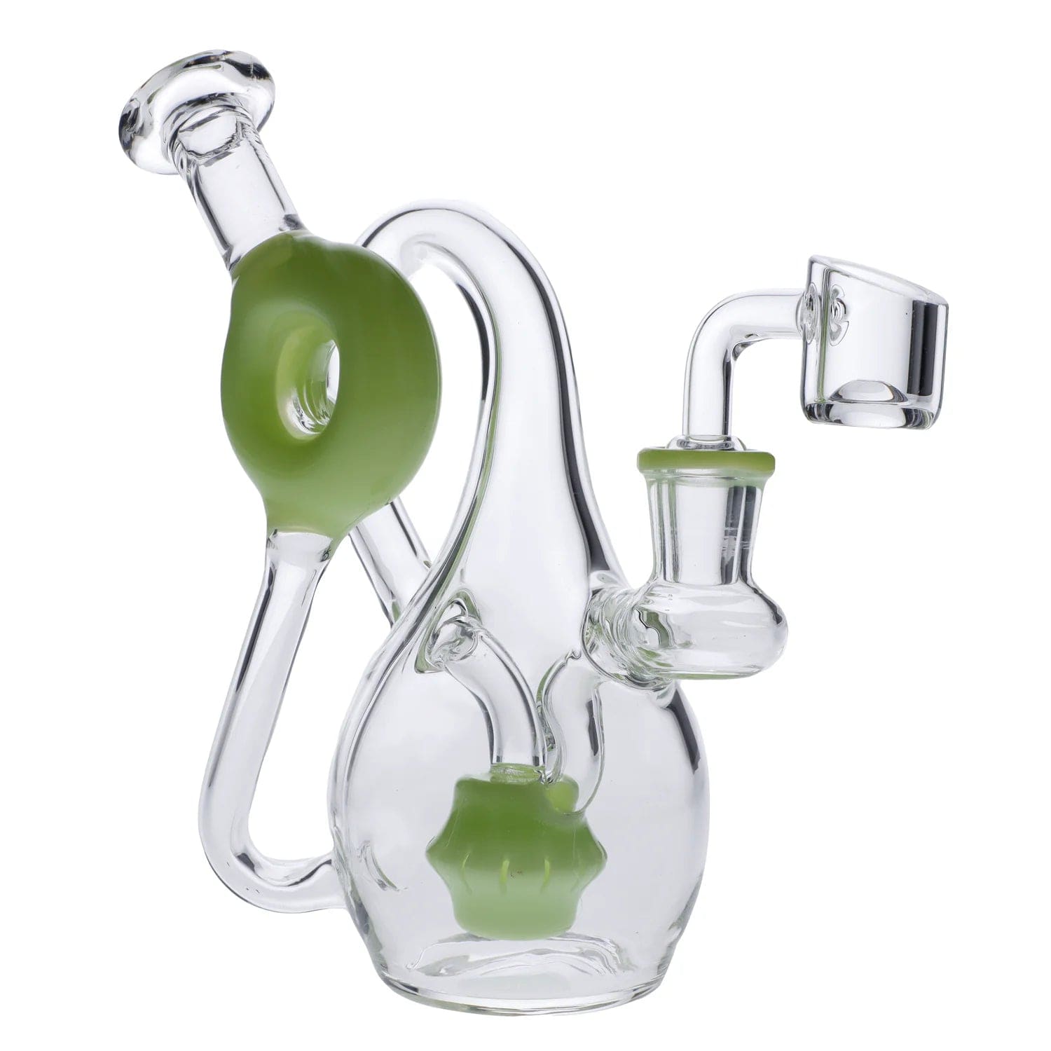 A three-quarter view of the 7" Milky Purple Mini Recycler Water Pipe, showcasing its clear glass construction and unique bubbler design.