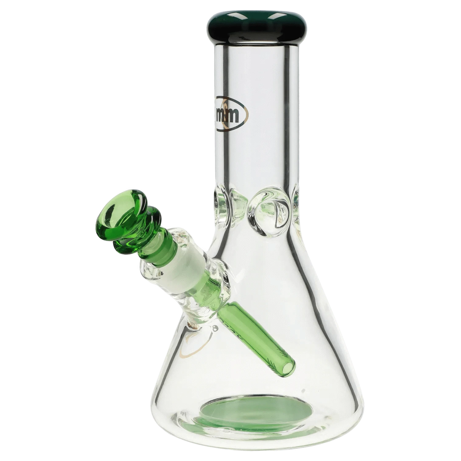Angled close-up of the 7mm 12-inch Colored Mouthpiece Beaker showing its clear glass body, green mouthpiece and downstem, and rounded black-rimmed mouth.