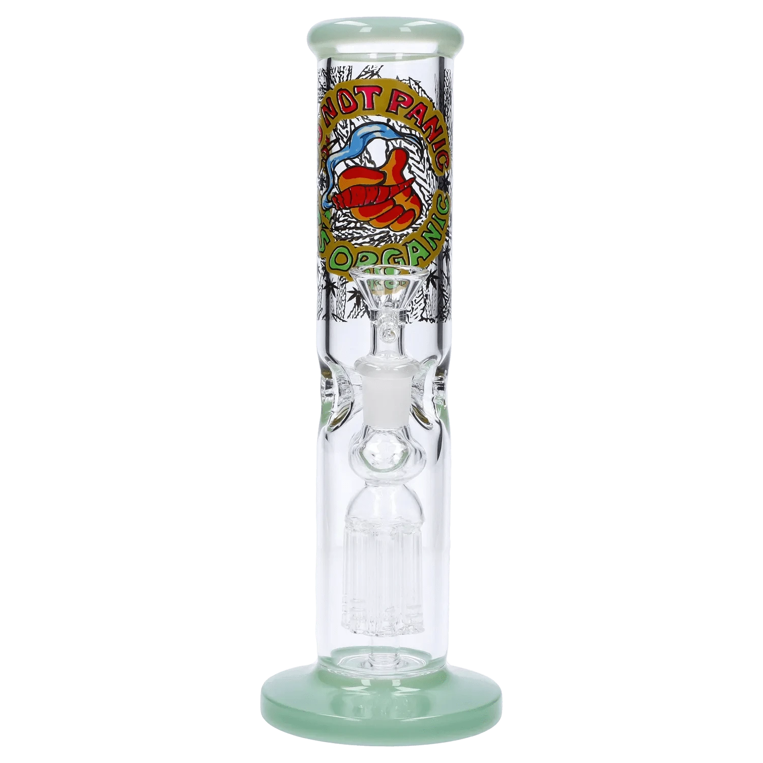 Centered front view of the Do Not Panic Straight Tube with Tree Perc - 10 in, showing its clear glass chamber, colorful logo near the top, and pale green base.