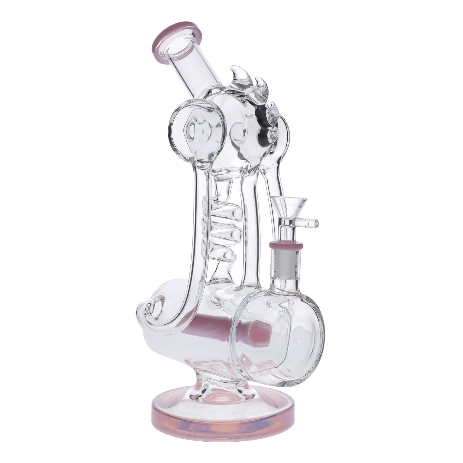 A three-quarter view of the Spiky Recycler Coil Bong, showcasing its clear glass construction and intricate coil design.