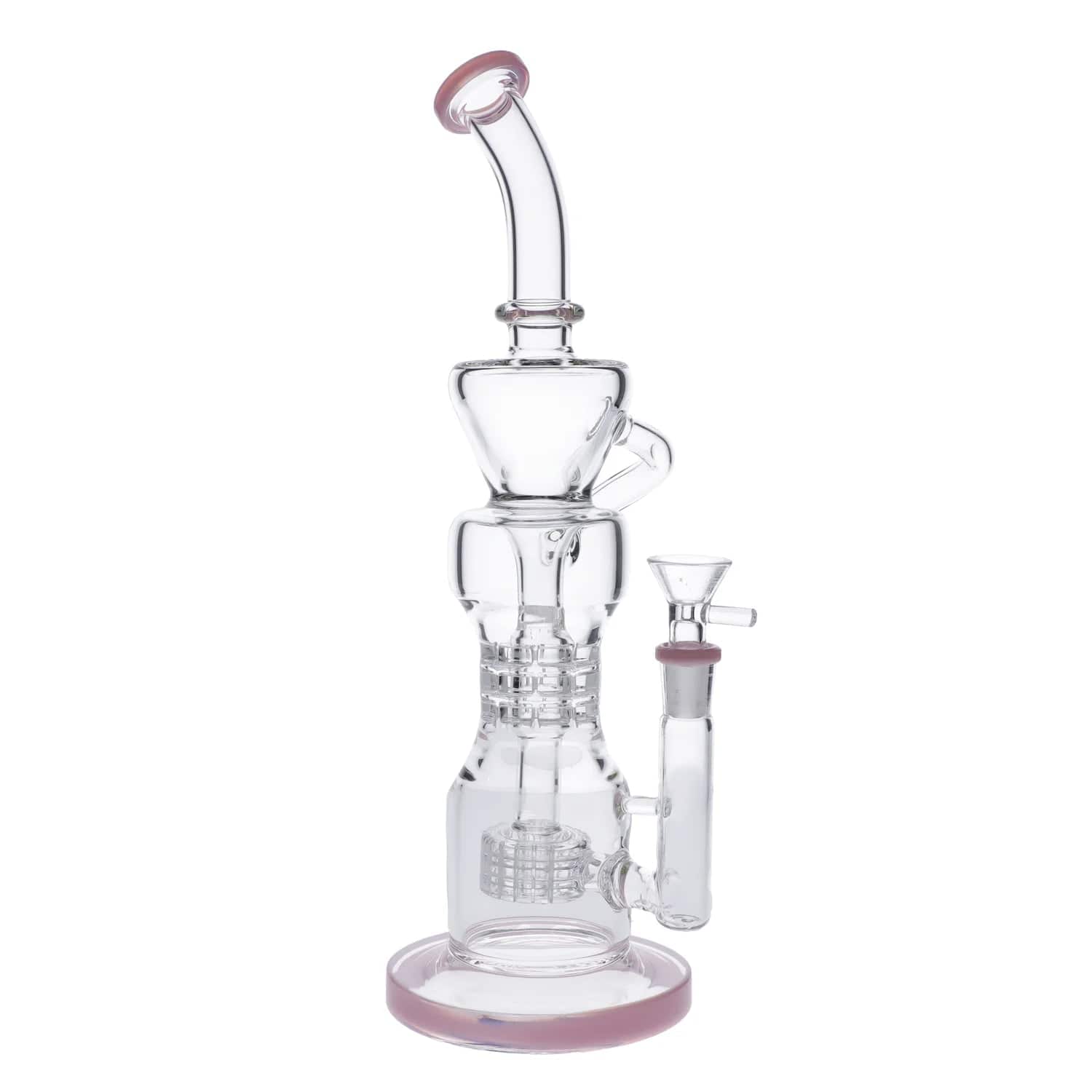 Front view of the Tall Matrix Perc Recycler Bong, showcasing its clear glass construction and unique perc design.