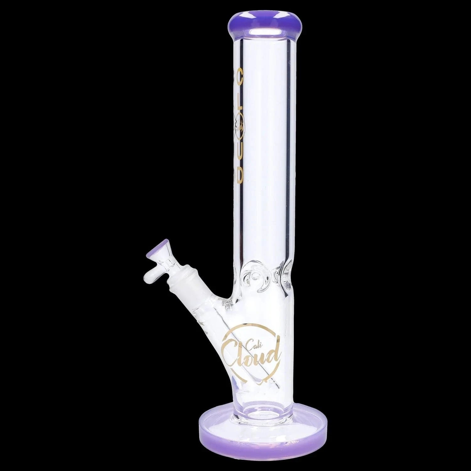 Close-up front view of the 9mm 16-inch Straight Tube Bong showing its clear glass tube, purple-rimmed mouthpiece and base, and angled downstem against a black background.