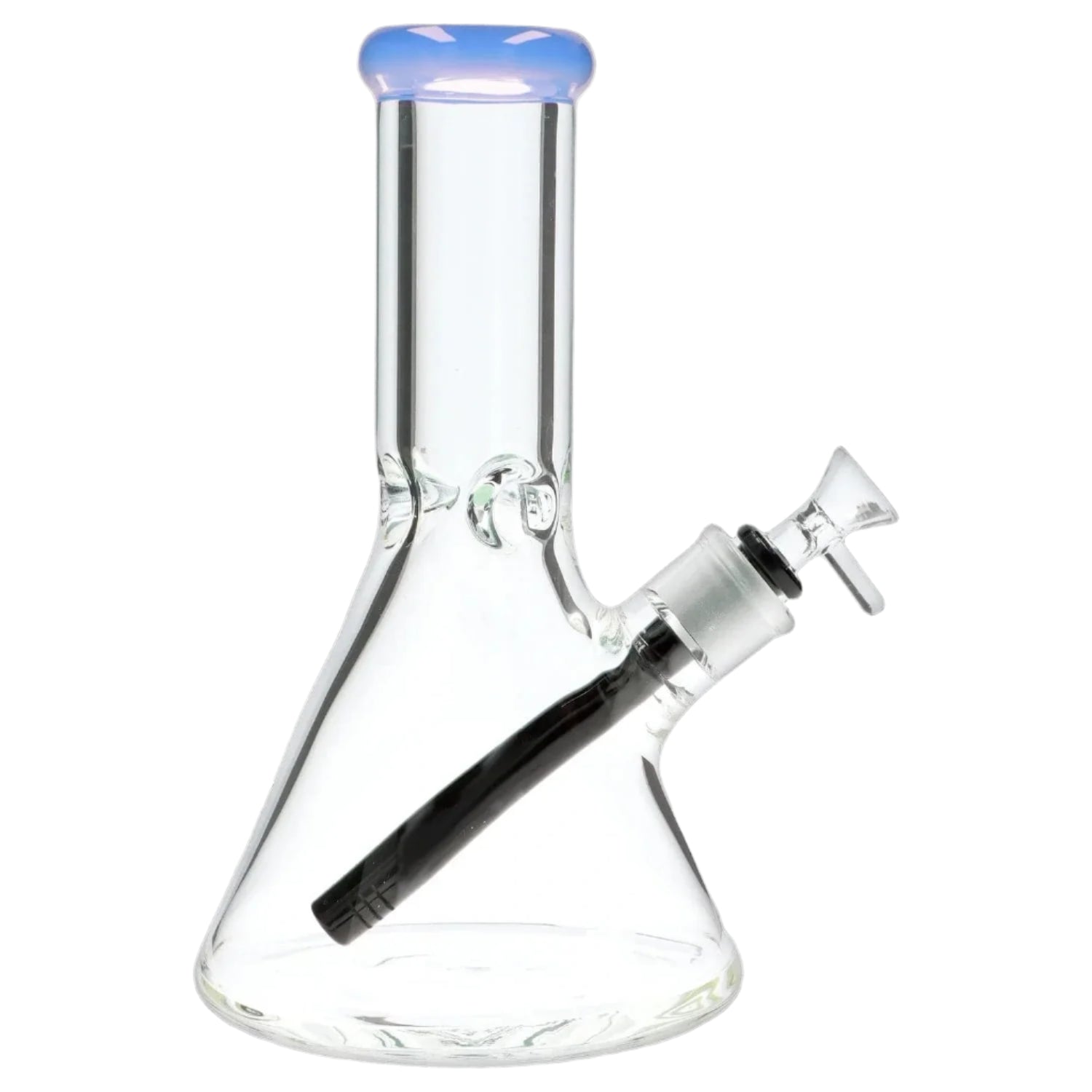 Angled close-up of the 9mm 10-inch Flat Base Beaker Bong showing its clear glass beaker body, blue-tinted rim, and downstem insertion.