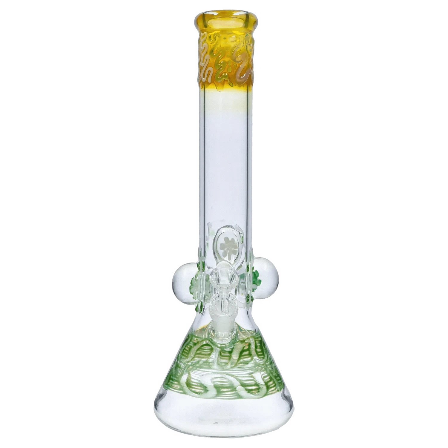 Centered front view of the DHC Mushroom Marble Bong - 18 in. showing its tall clear neck with amber-rimmed mouthpiece and green marbled beaker base.