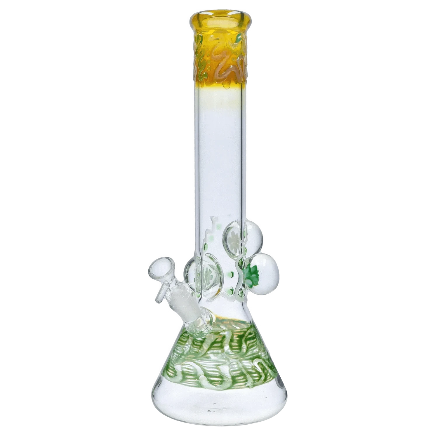 Straight-on view of the DHC Mushroom Marble Bong - 18 in. showing its tall clear tube, yellow flared mouthpiece and green swirled beaker base.