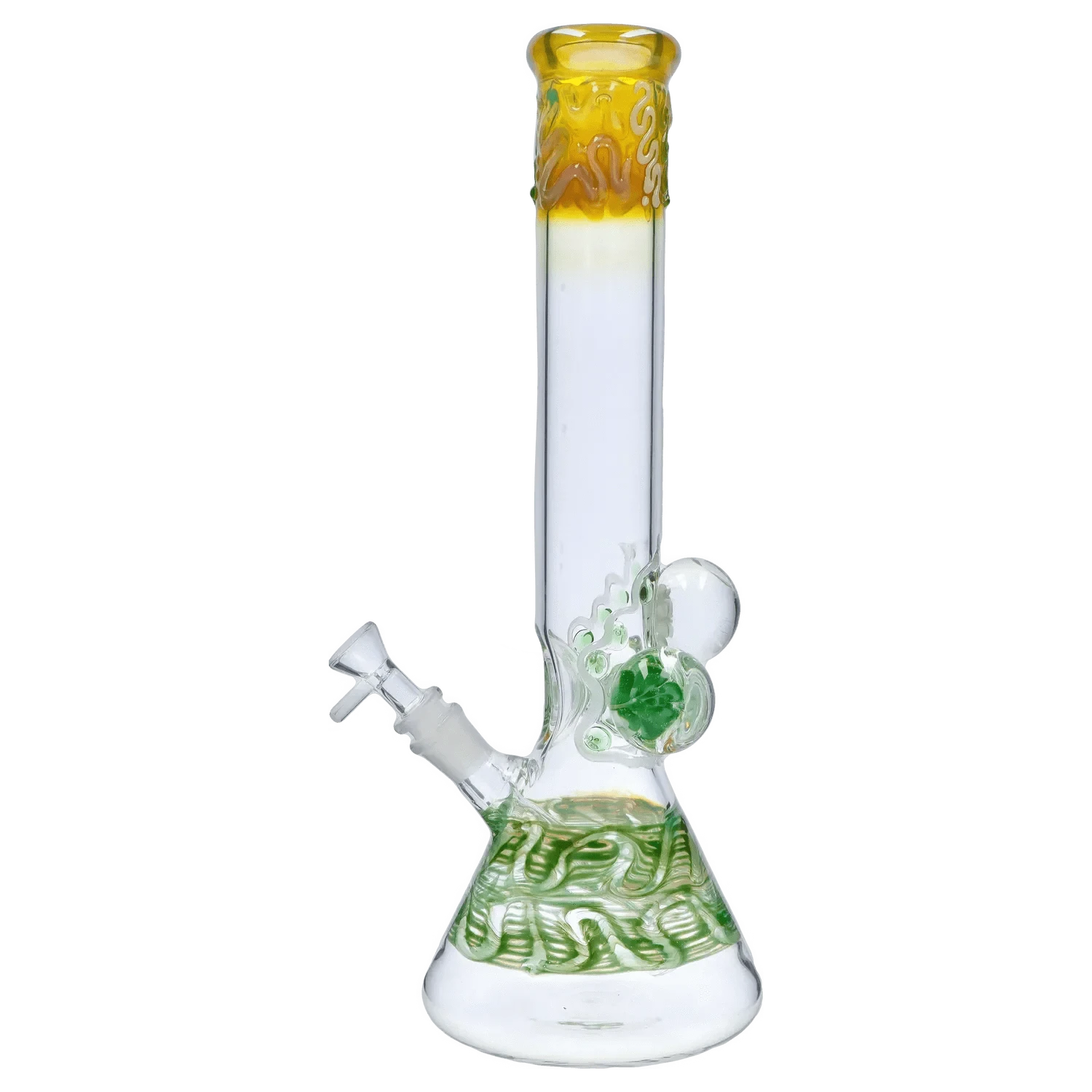 Straight-on view of the DHC Mushroom Marble Bong - 18 in. showing a clear glass tube with yellow-rimmed mouthpiece and green marble accents.