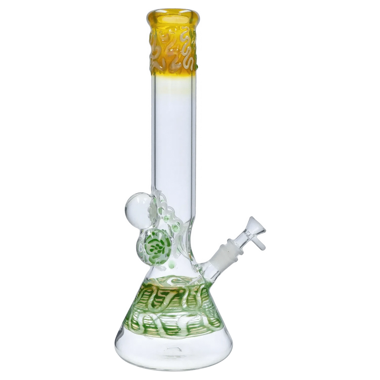 Straight-on view of the DHC Mushroom Marble Bong - 18 in. showing its clear glass tube with green marbled base and amber-rimmed mouthpiece.