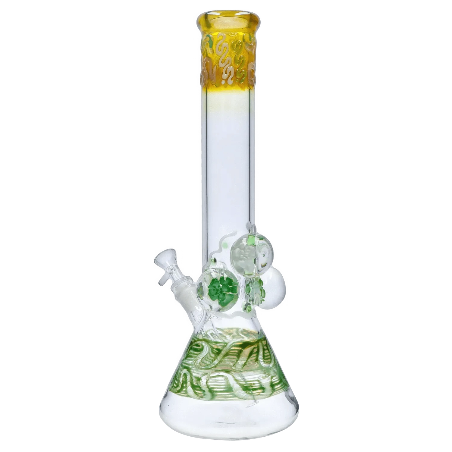 Centered front view of the DHC Mushroom Marble Bong - 18 in. showing a clear beaker base with green swirls, matching green marbles, and a yellow-rimmed neck