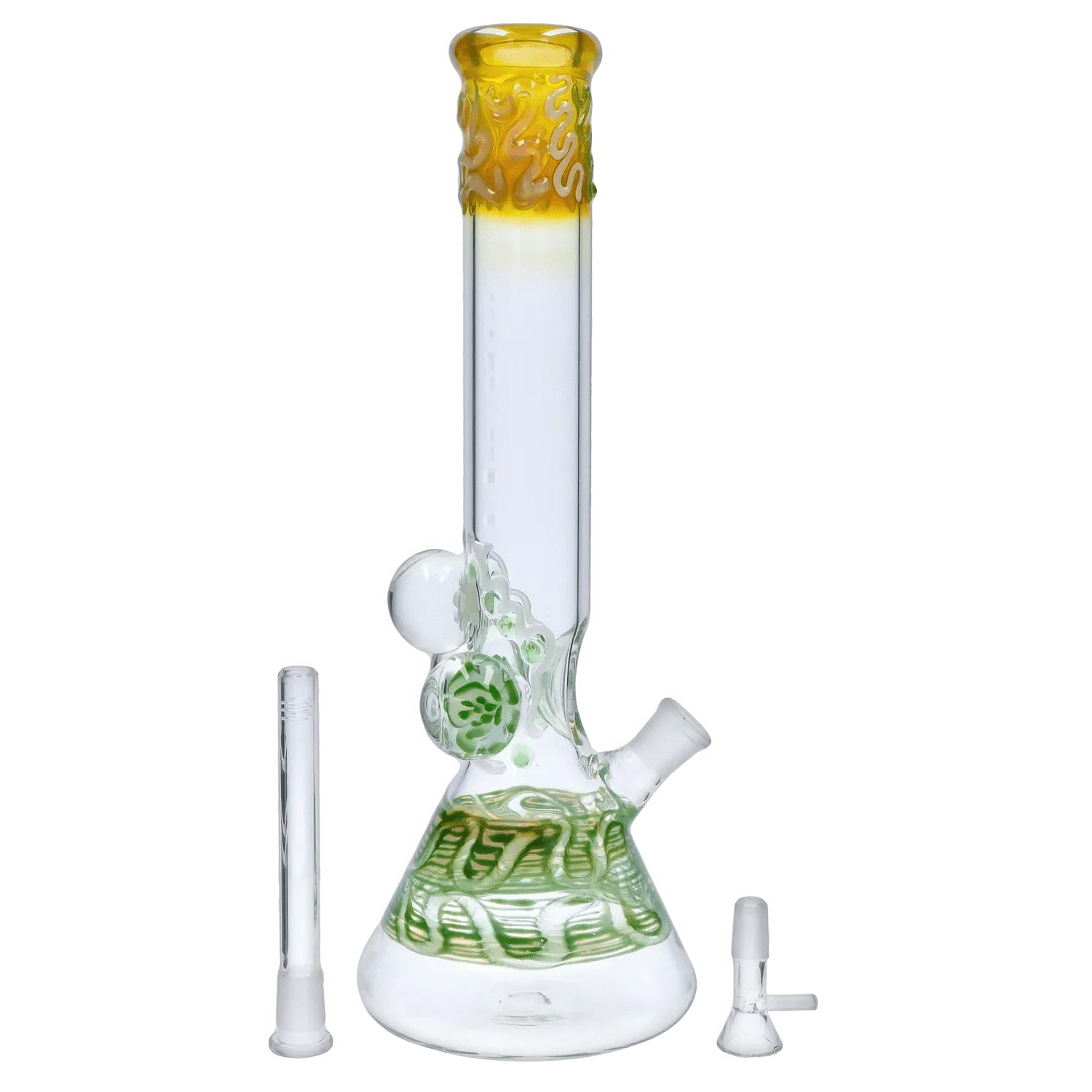 Straight-on view of the DHC Mushroom Marble Bong - 18 in. showing its tall clear tube, green marble accents and yellow patterned mouthpiece.
