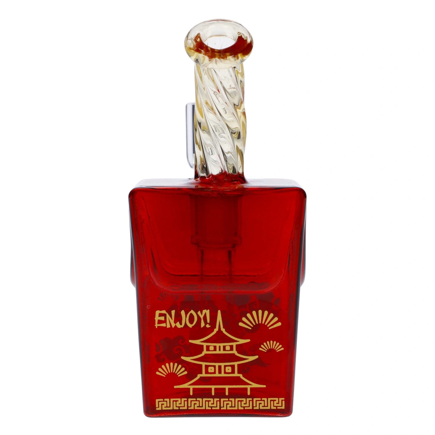 Front view of the DHC Originals Noodle Takeout Box Bong, a red, box-shaped water pipe with a clear glass mouthpiece.