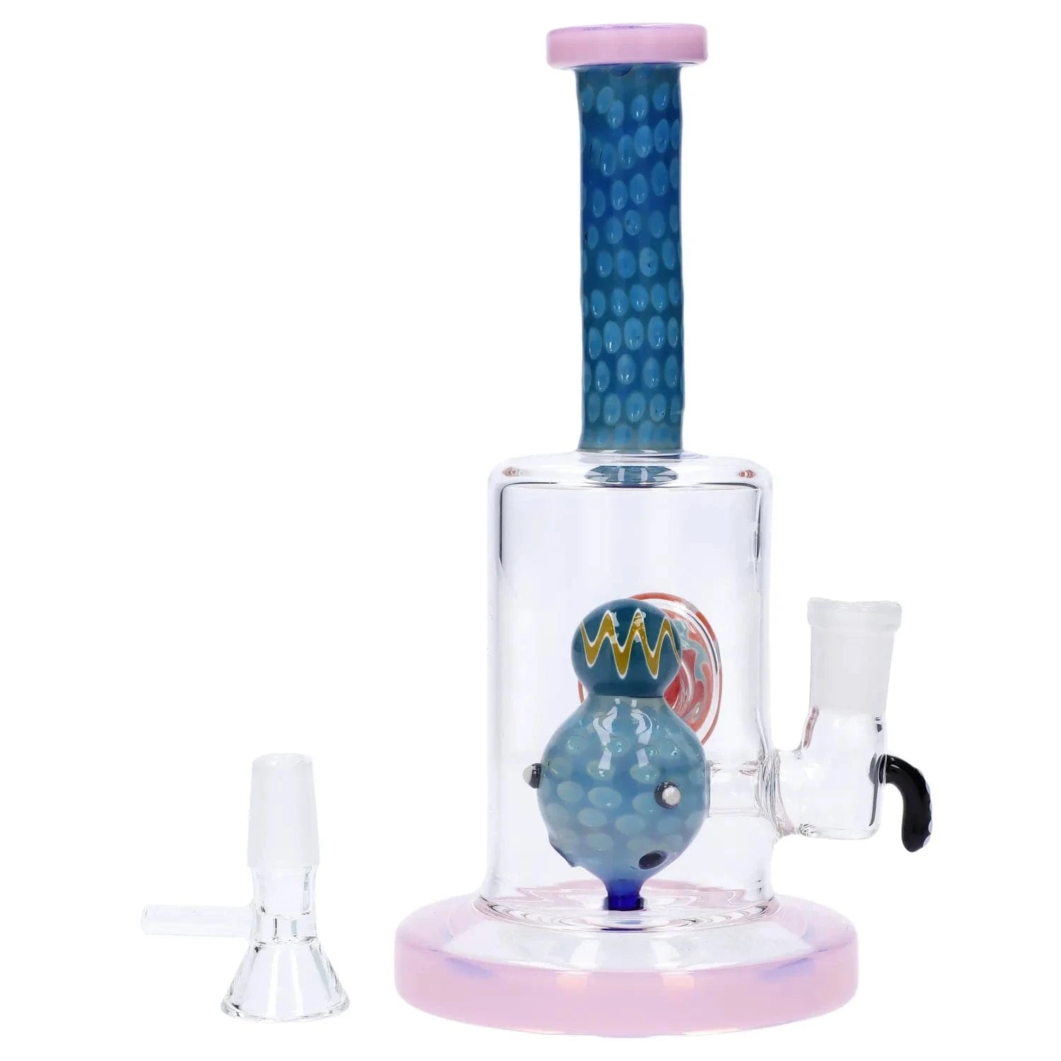 Vertical close-up of the Reversal Art Locket Bong with UFO Showerhead Perc - 8 in, showing its blue dotted neck, internal UFO showerhead piece and pink-tinted base.