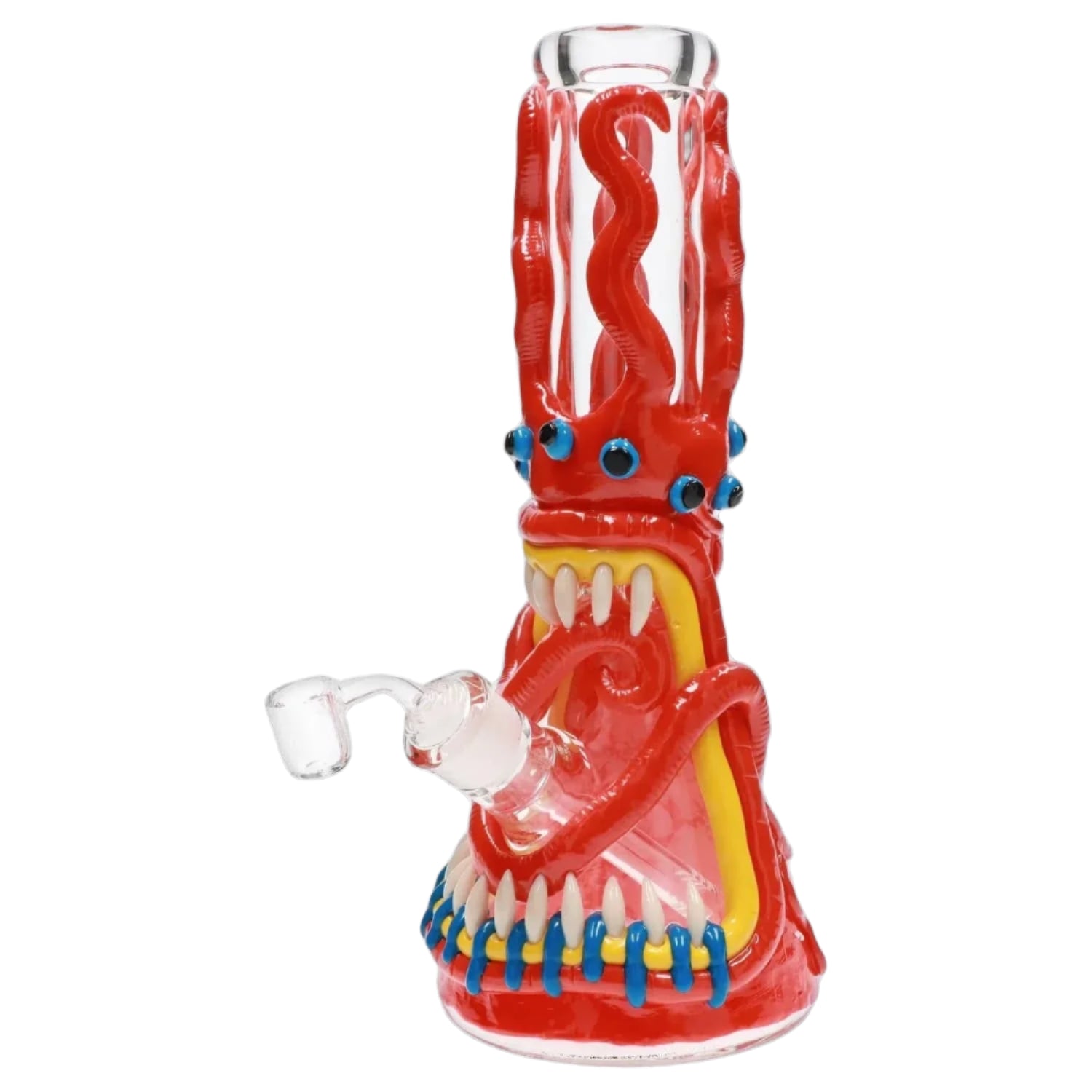 Angled close-up of the 13-inch Clay Monster Beaker Bong showing its red tentacle neck, blue eyeball details and sharp teeth against a white background