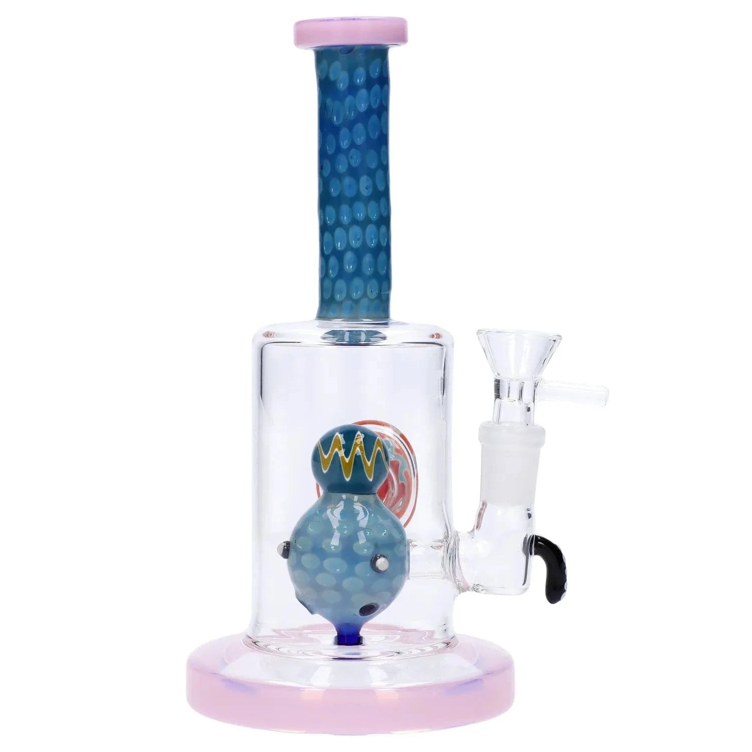 Front view of the Reversal Art Locket Bong with UFO Showerhead Perc - 8 in showing a clear glass chamber with a blue dotted showerhead perc and a purple-rimmed mouthpiece.