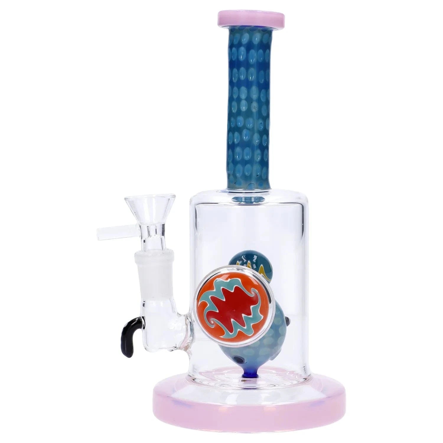 Front view of the Reversal Art Locket Bong with UFO Showerhead Perc - 8 in, showing its clear chamber, blue dotted neck and colorful circular inner locket against a white background.