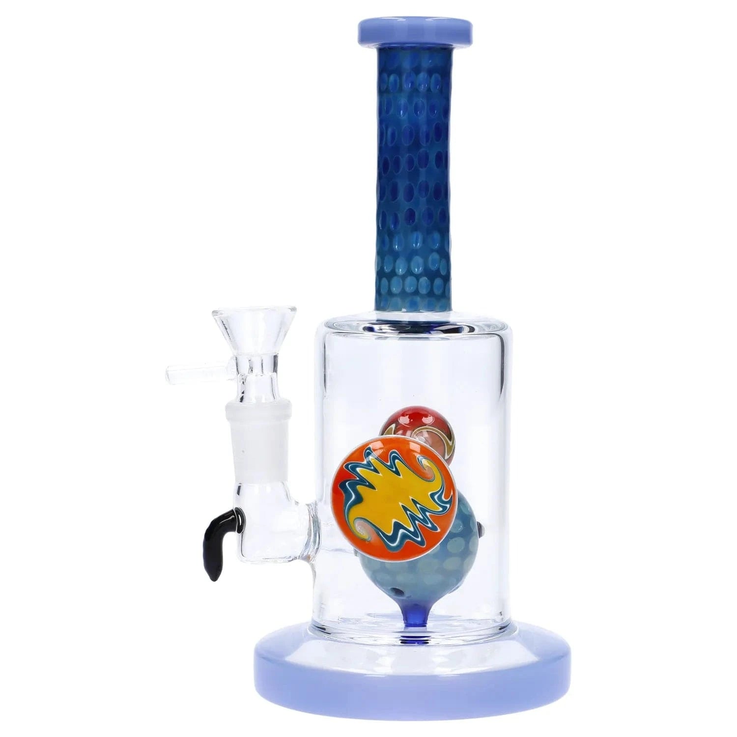 Close-up, front view of the Reversal Art Locket Bong with UFO Showerhead Perc - 8 in, showing its blue honeycomb neck, clear chamber with colorful locket percs, and pale blue base