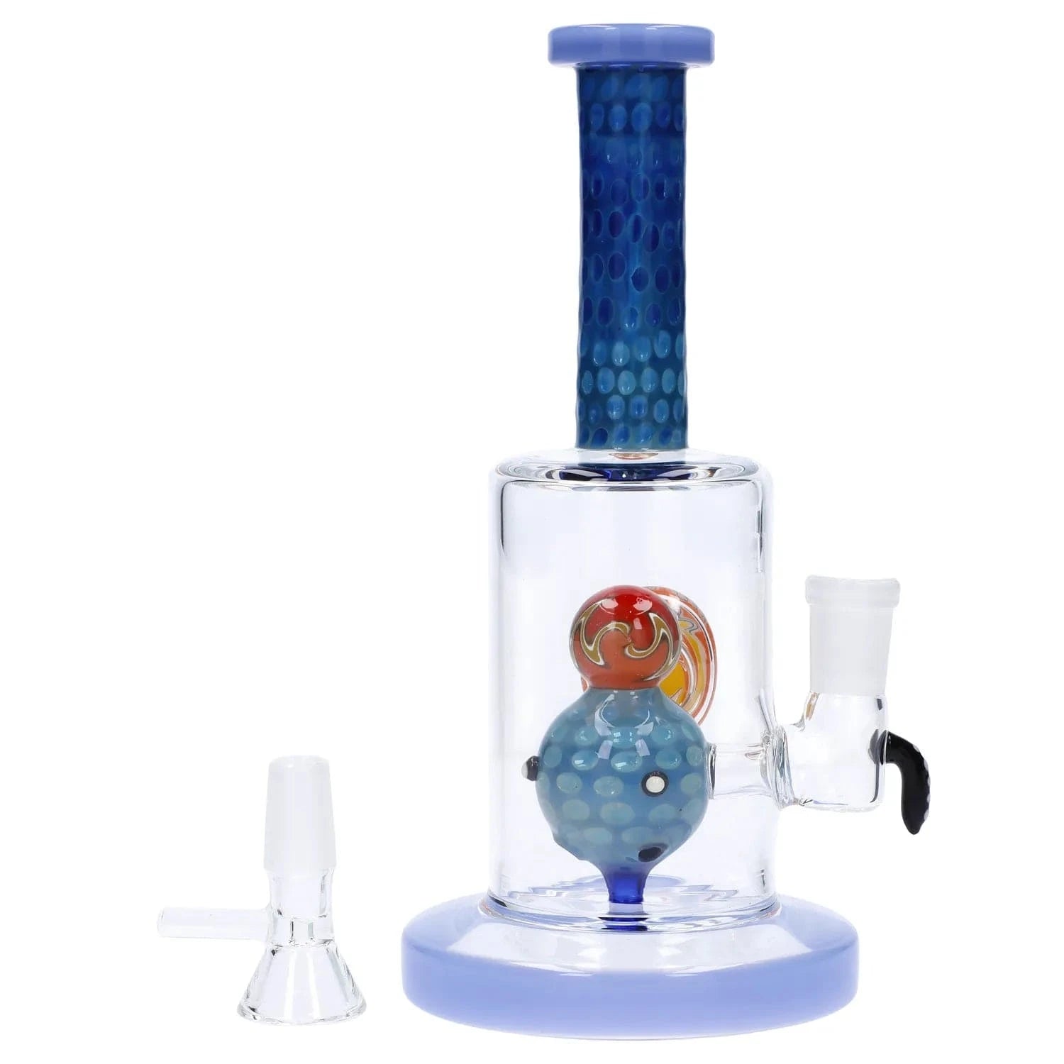 Close-up front view of the Reversal Art Locket Bong with UFO Showerhead Perc - 8 in, showing its blue dotted neck, central glass orb percolator and pale blue base.