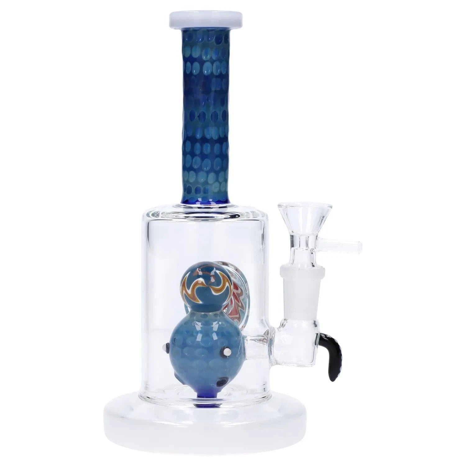 Close-up front view of the Reversal Art Locket Bong with UFO Showerhead Perc - 8 in, showing its blue dotted neck and internal blue UFO-shaped showerhead inside the clear glass chamber.