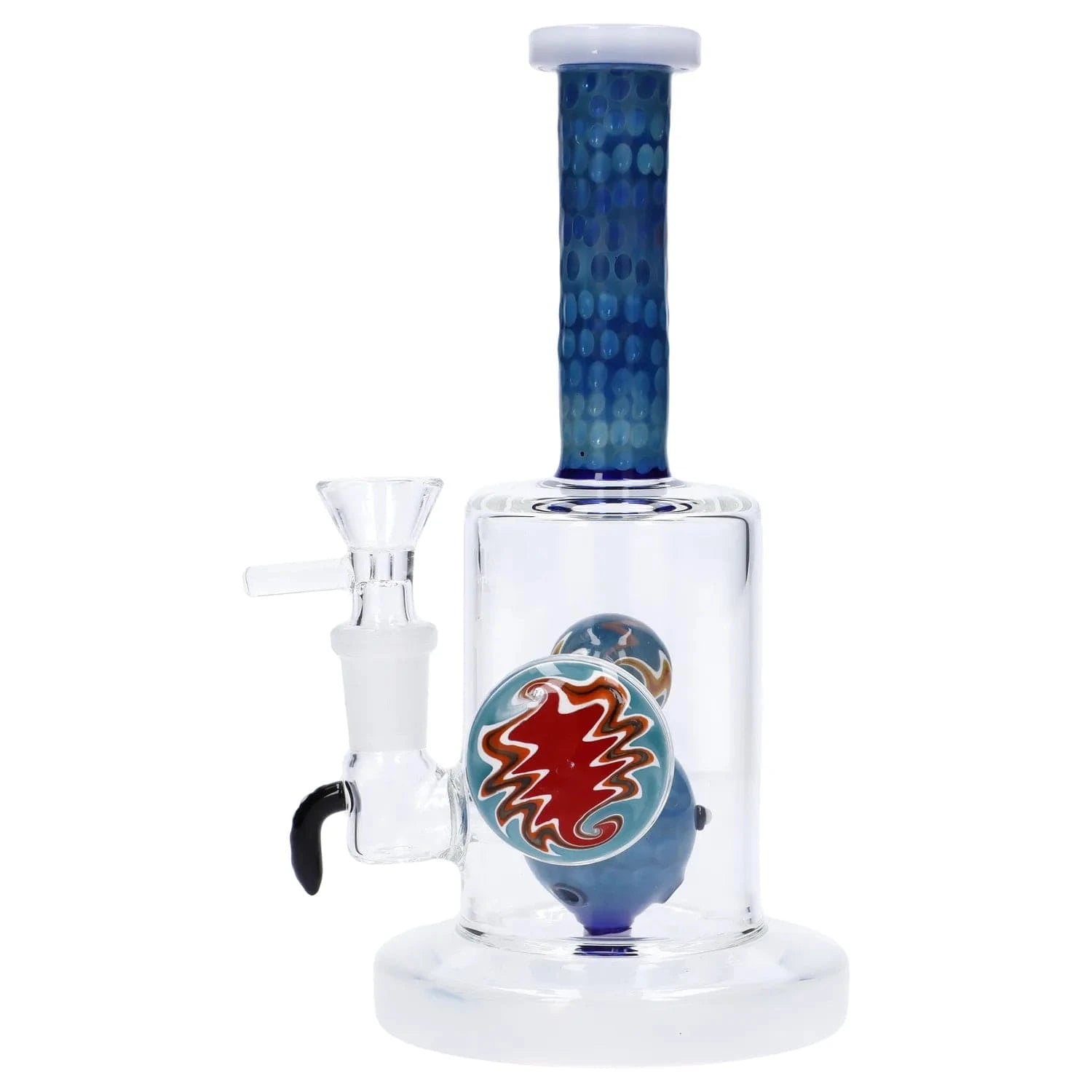 Close-up front view of the Reversal Art Locket Bong with UFO Showerhead Perc - 8 in, showing a blue patterned neck and colorful round locket detail inside the clear chamber.