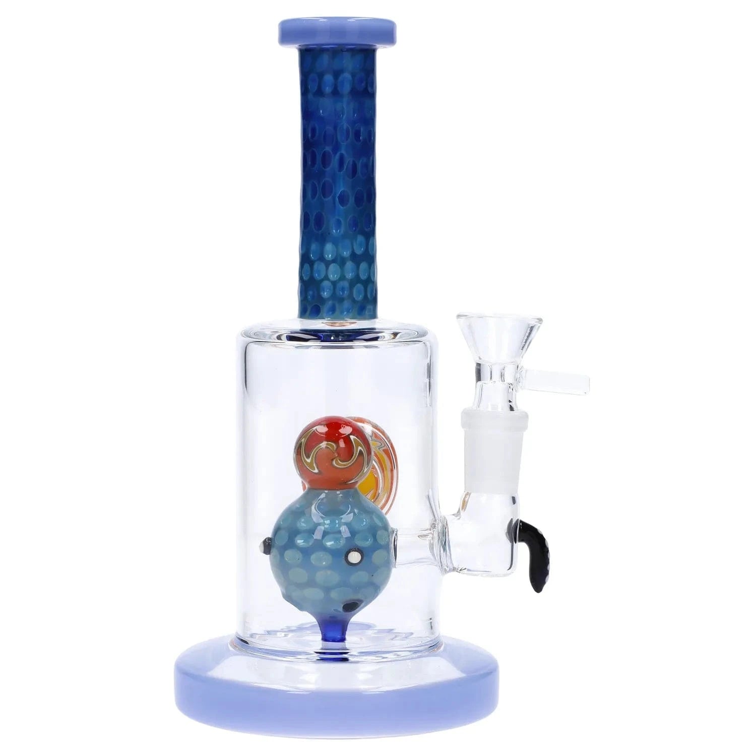 Straight-on view of the Reversal Art Locket Bong with UFO Showerhead Perc - 8 in, showing its blue mouthpiece, clear chamber with a dotted blue UFO perc and purple-tinted base.