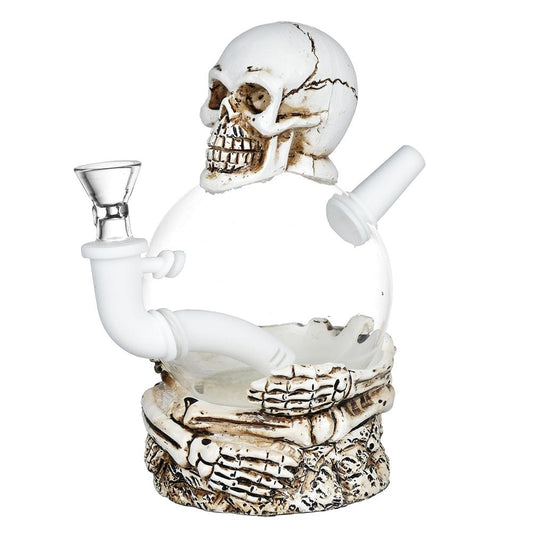 A detailed front view of the Skeleton's Embrace Resin on Glass Water Pipe, showcasing its sculpted design and clear glass components.