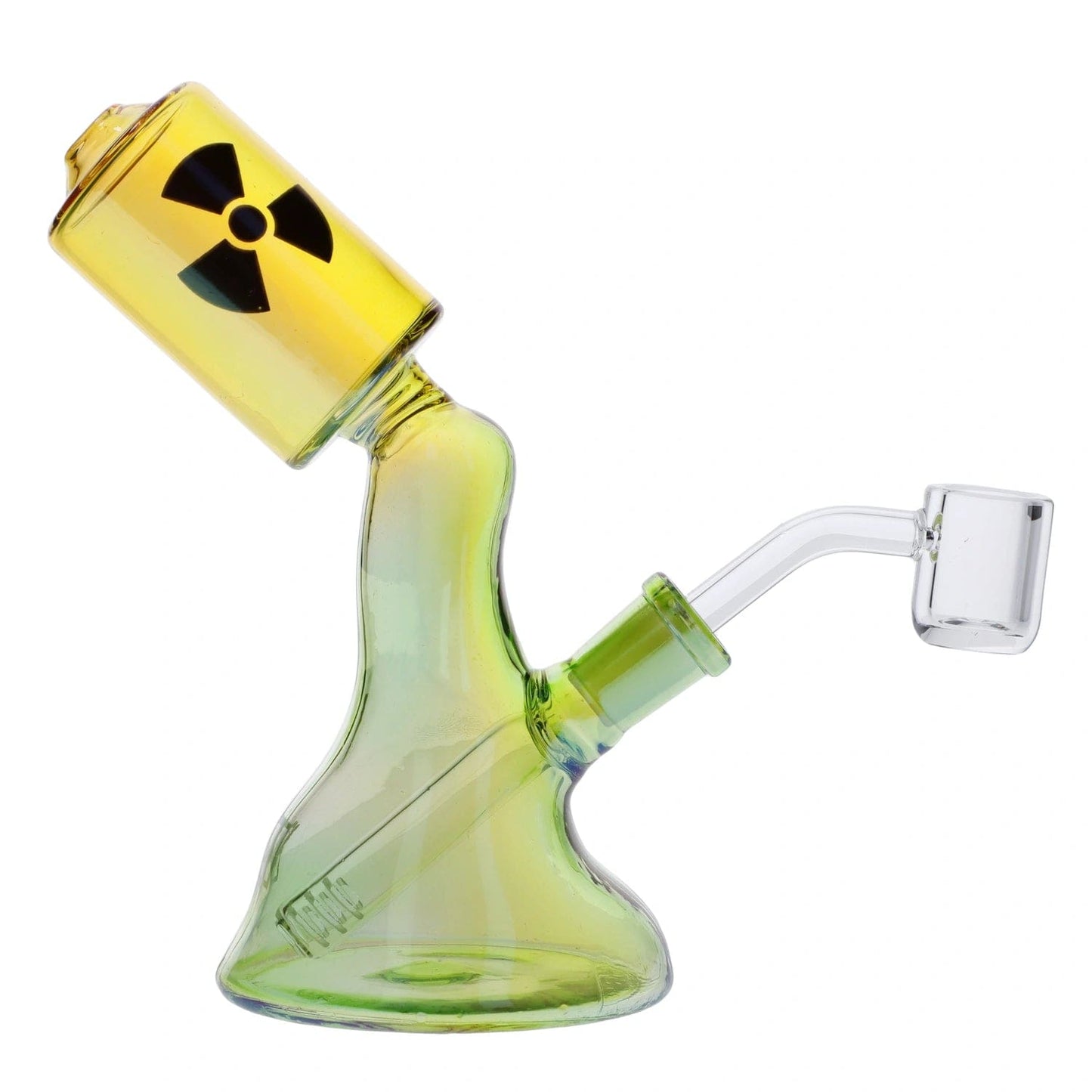Front view of The El Primo, a green glass water pipe with a unique, rounded design and visible joint.