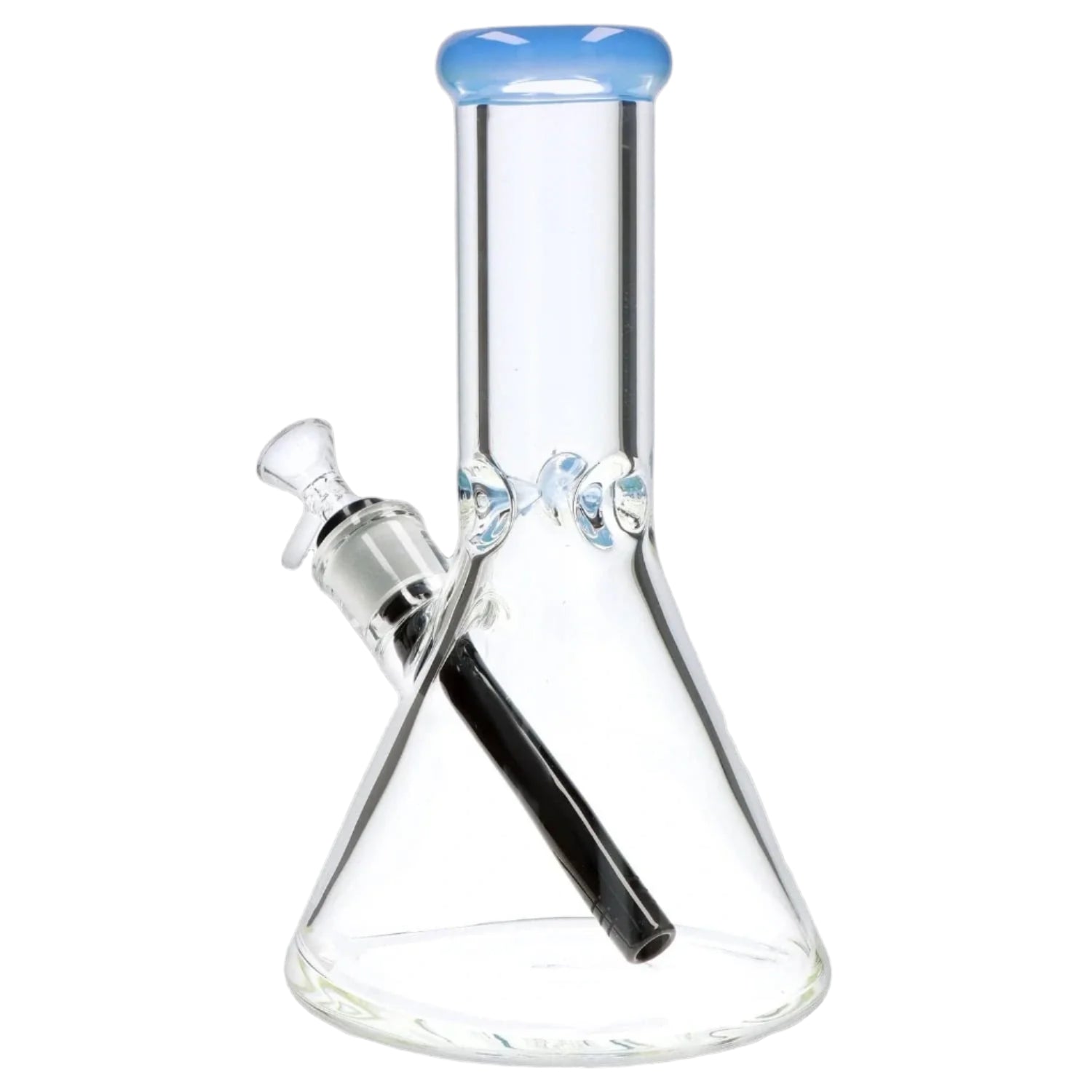 Front view of the 9mm 10-inch Flat Base Beaker Bong showing its clear glass beaker body, angled black downstem, and pale blue rim.
