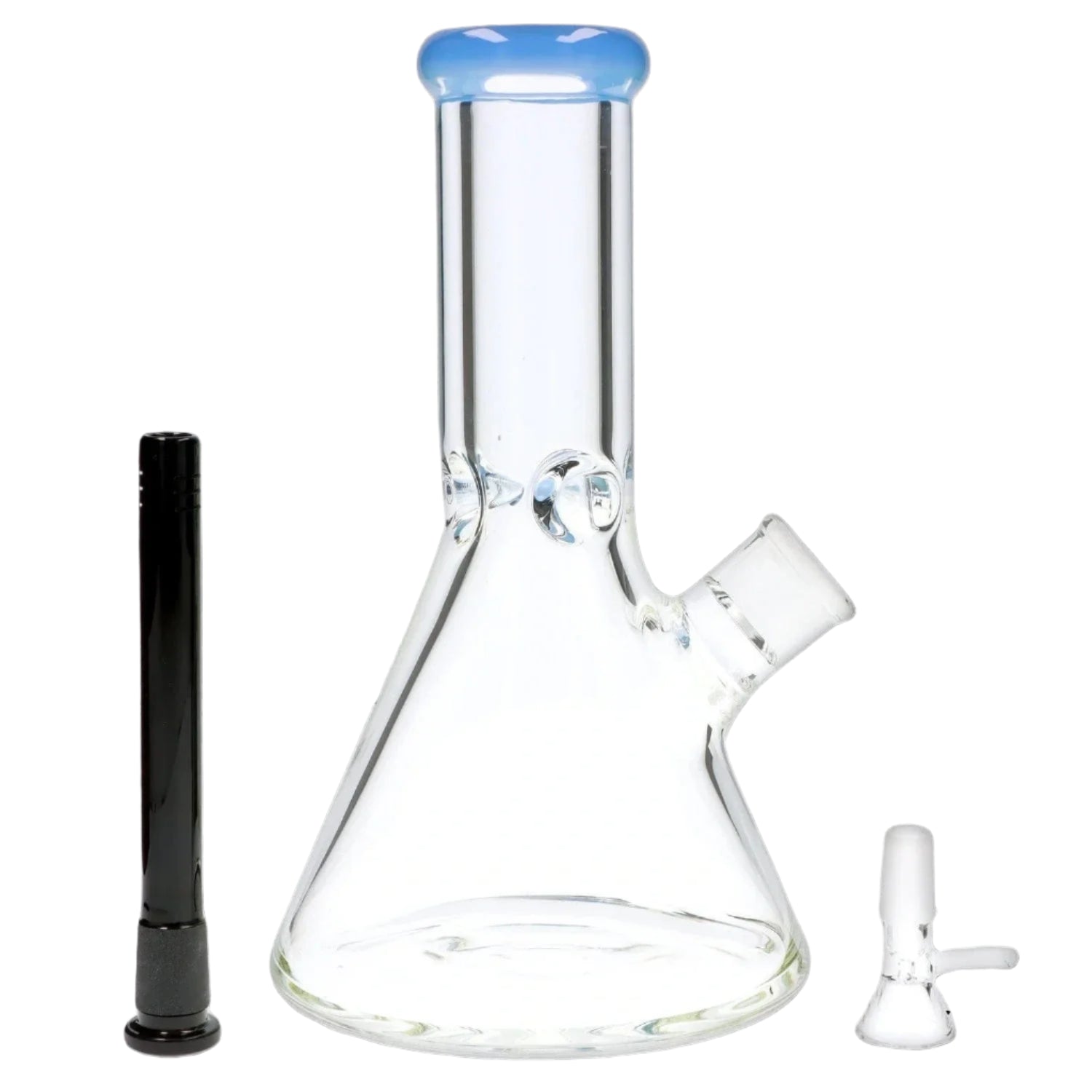 Close-up front view of the 9mm 10-inch Flat Base Beaker Bong showing the clear glass beaker body, angled joint, blue-rimmed mouthpiece, and included black downstem and clear bowl.
